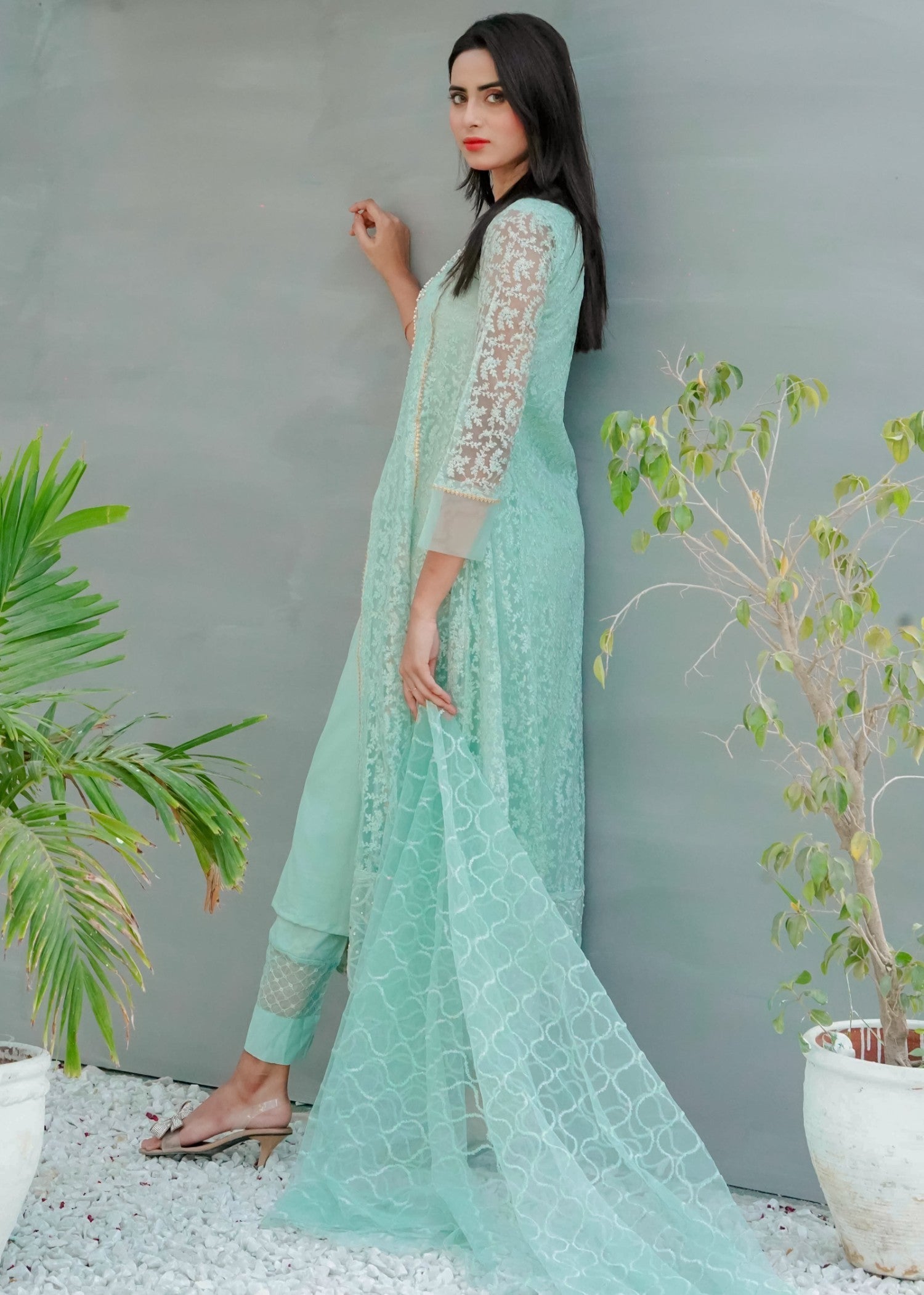 Mona Embroidery Delicate Drapes Mint Green Women 3pcs