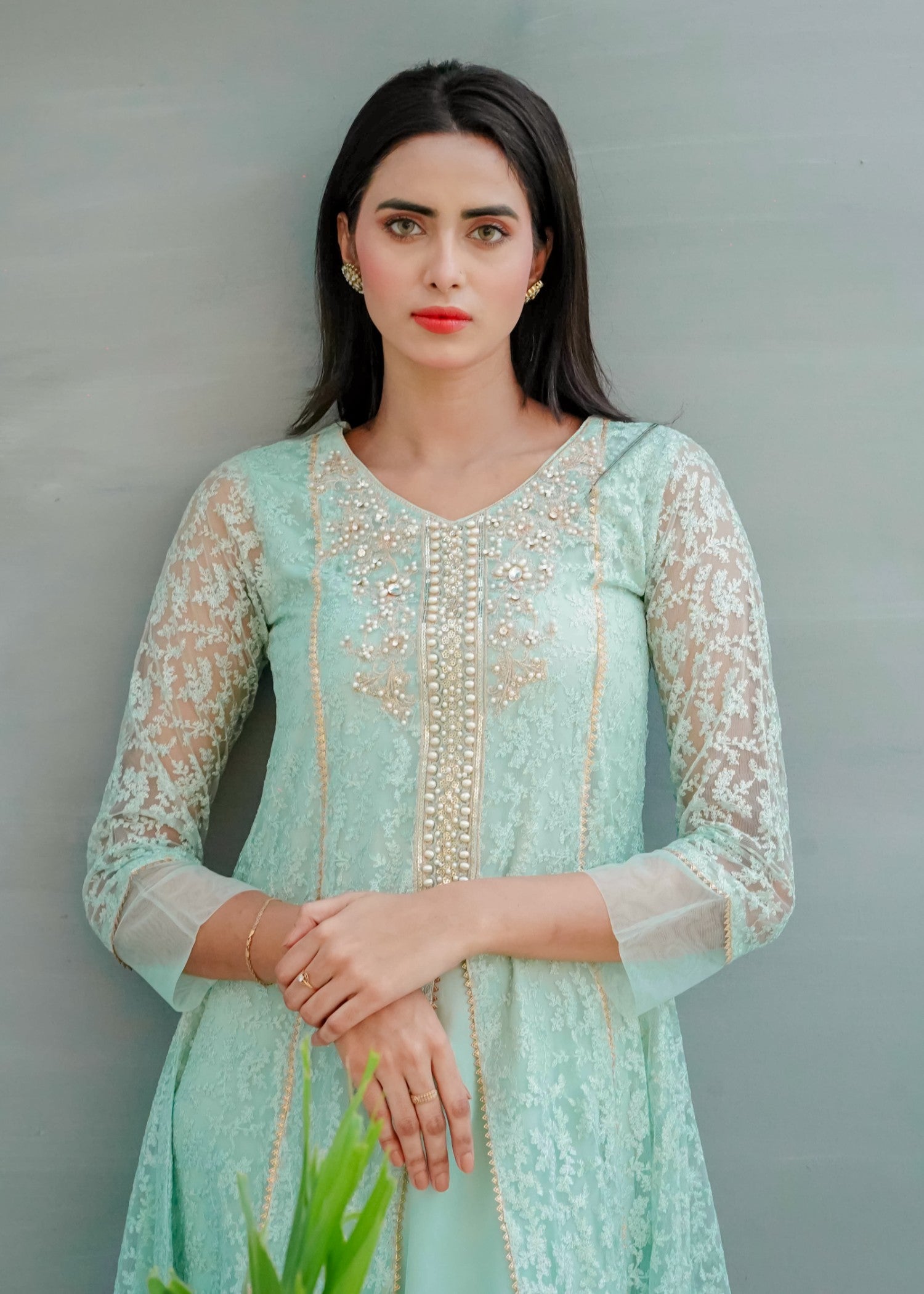 Mona Embroidery Delicate Drapes Mint Green Women 3pcs