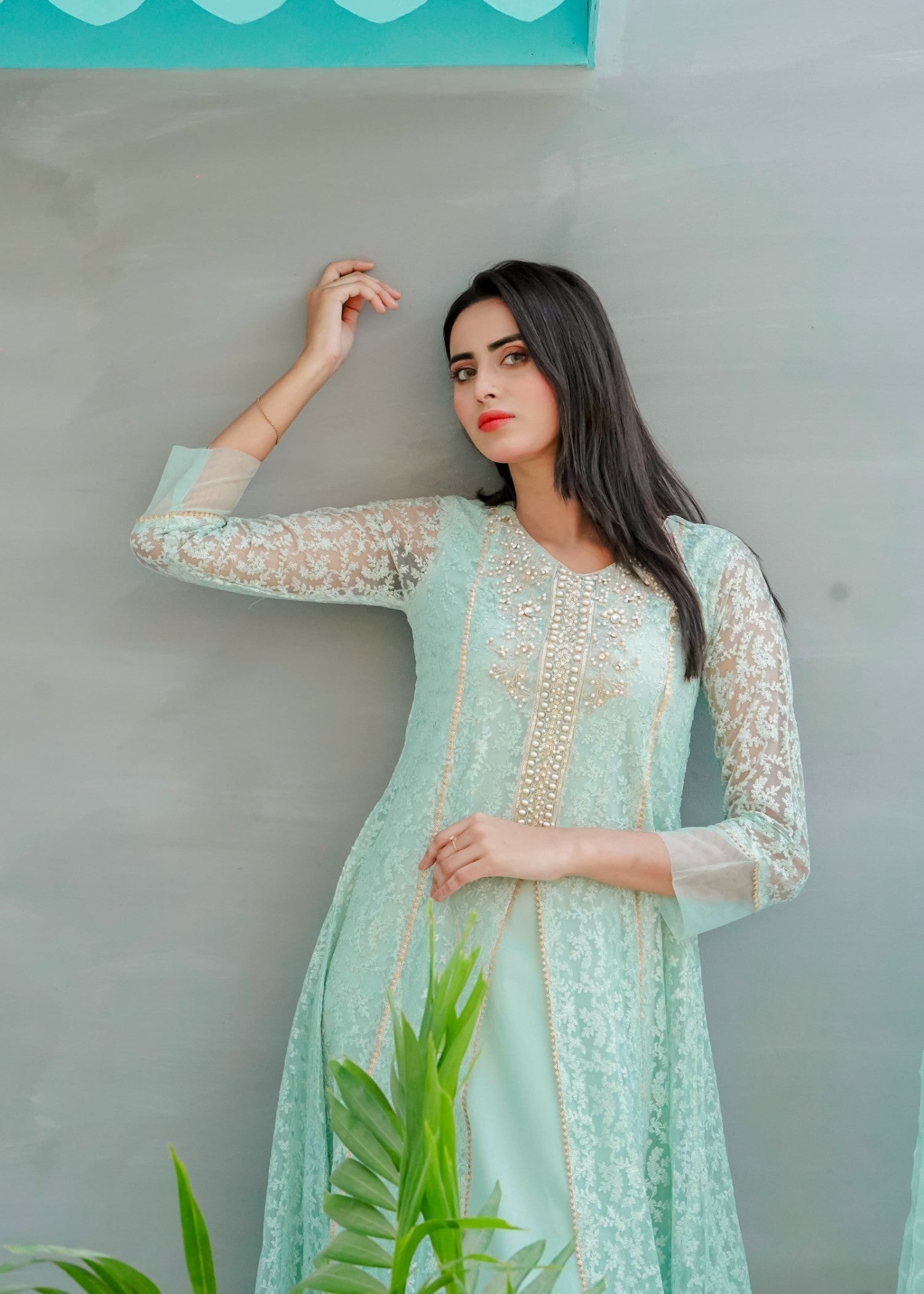 Mona Embroidery Delicate Drapes Mint Green Women 3pcs