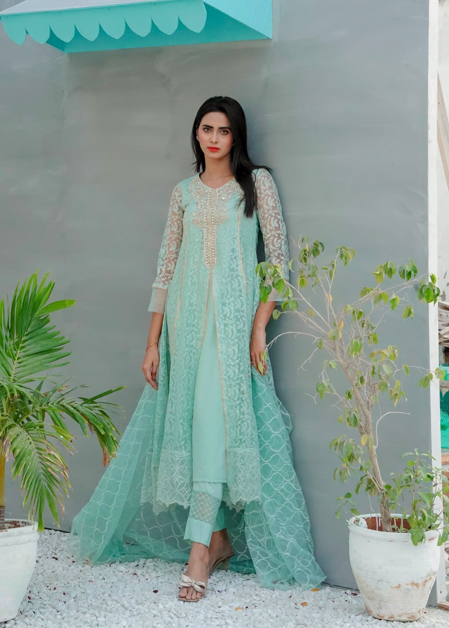 Mona Embroidery Delicate Drapes Mint Green Women 3pcs