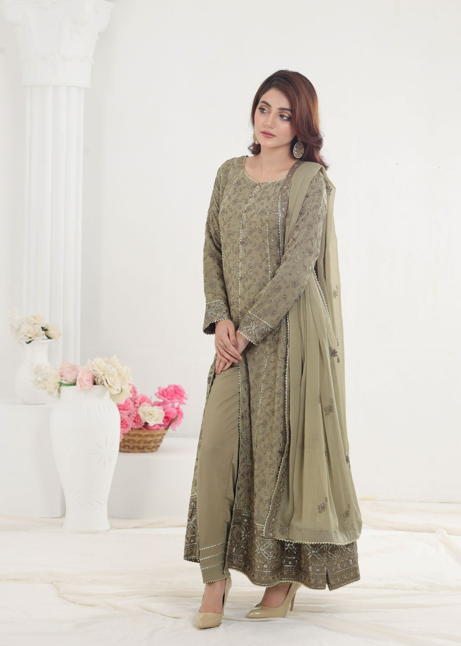 Ayesha Closet Mehnaaz Grey Beige Women 3pcs