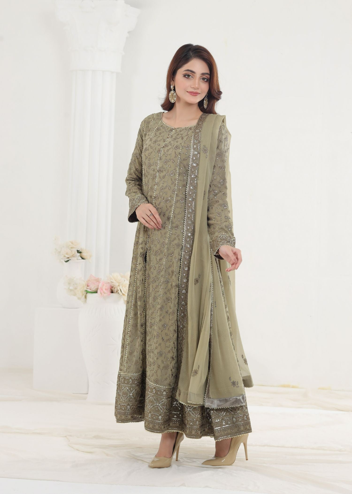 Ayesha Closet Mehnaaz Grey Beige Women 3pcs