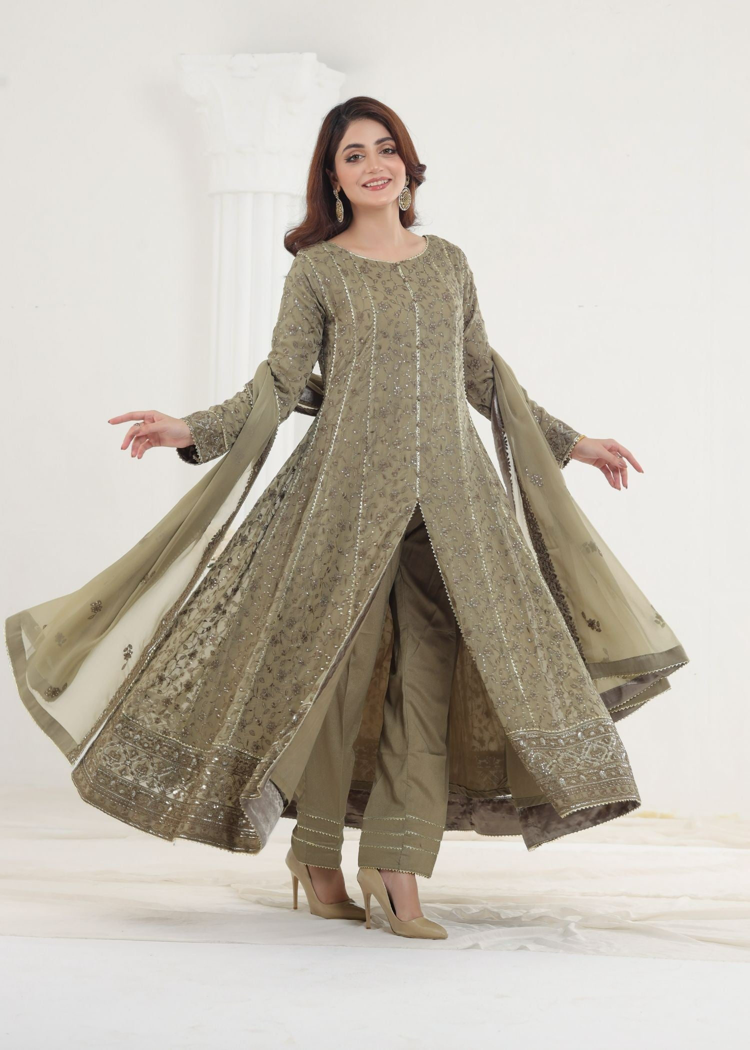 Ayesha Closet Mehnaaz Grey Beige Women 3pcs
