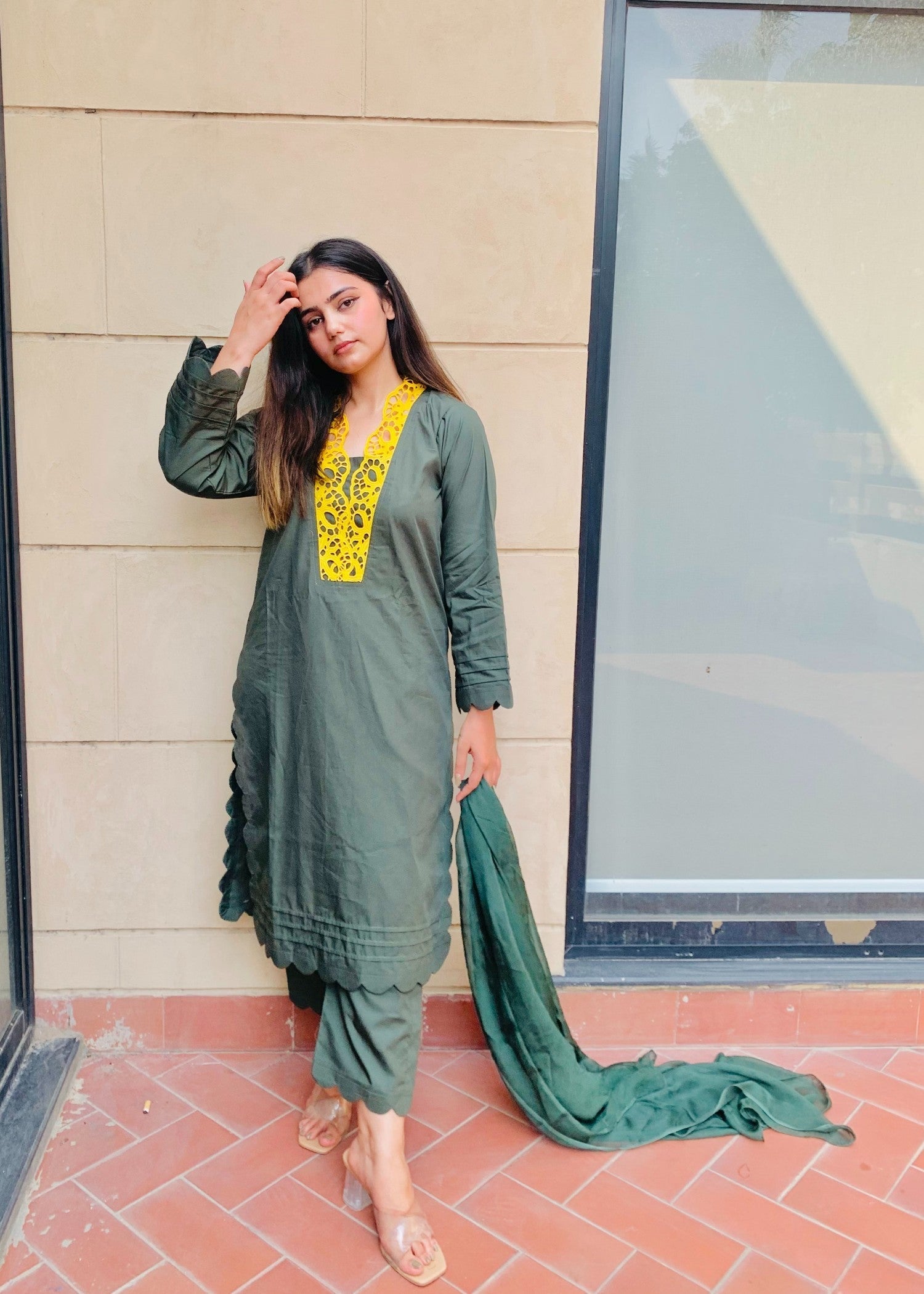 Pretbee Olive Green Cotton Suit with Yellow Embroidered Neckline & Scalloped Hem Women 3pcs