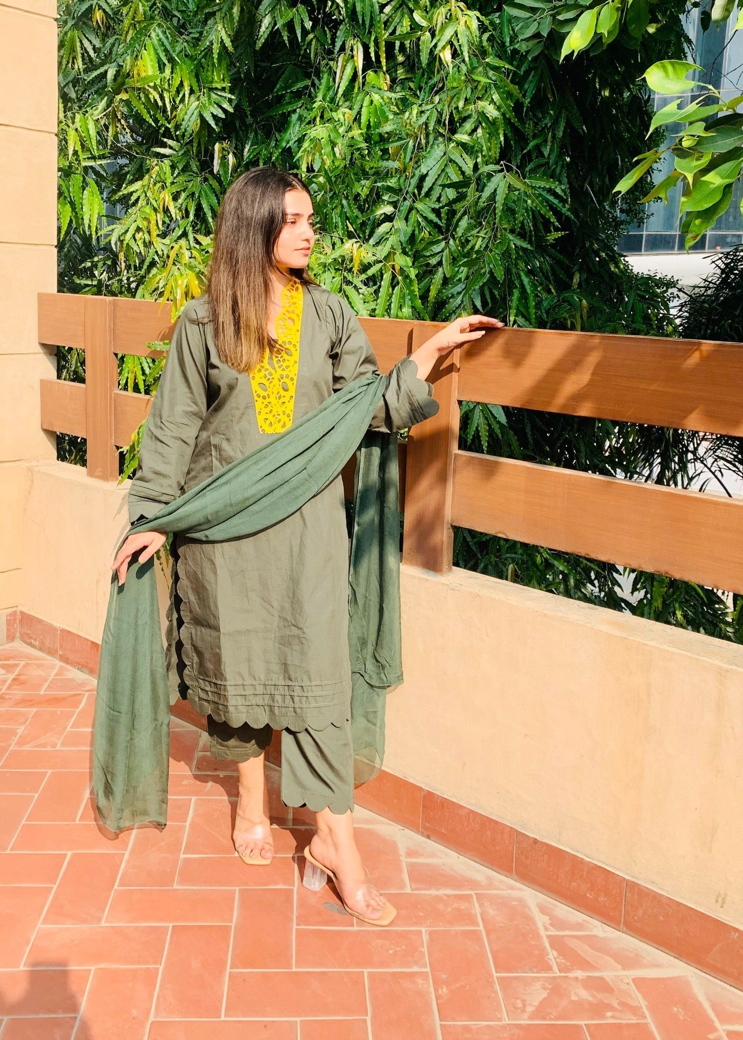 Pretbee Olive Green Cotton Suit with Yellow Embroidered Neckline & Scalloped Hem Women 3pcs
