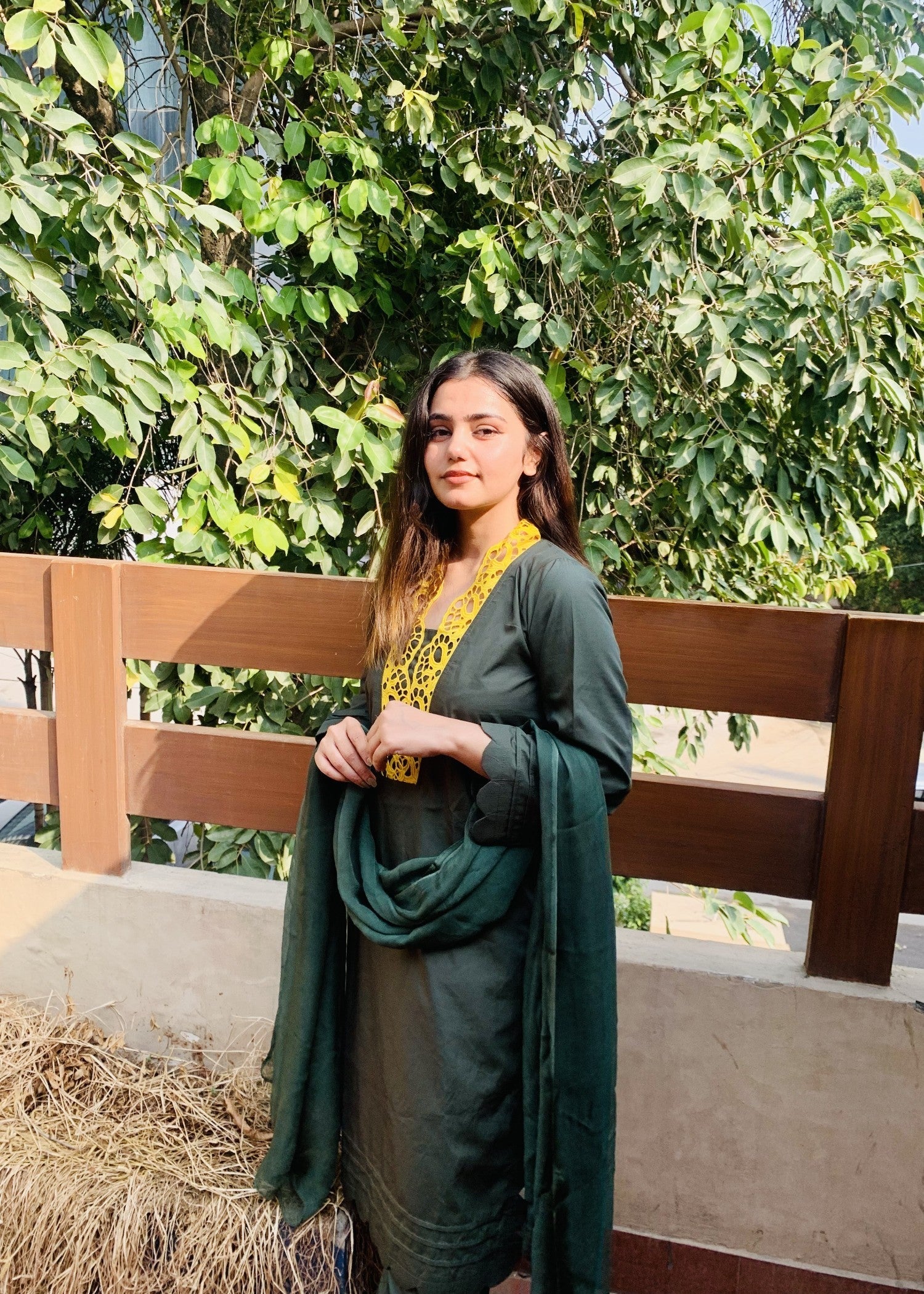 Pretbee Olive Green Cotton Suit with Yellow Embroidered Neckline & Scalloped Hem Women 3pcs