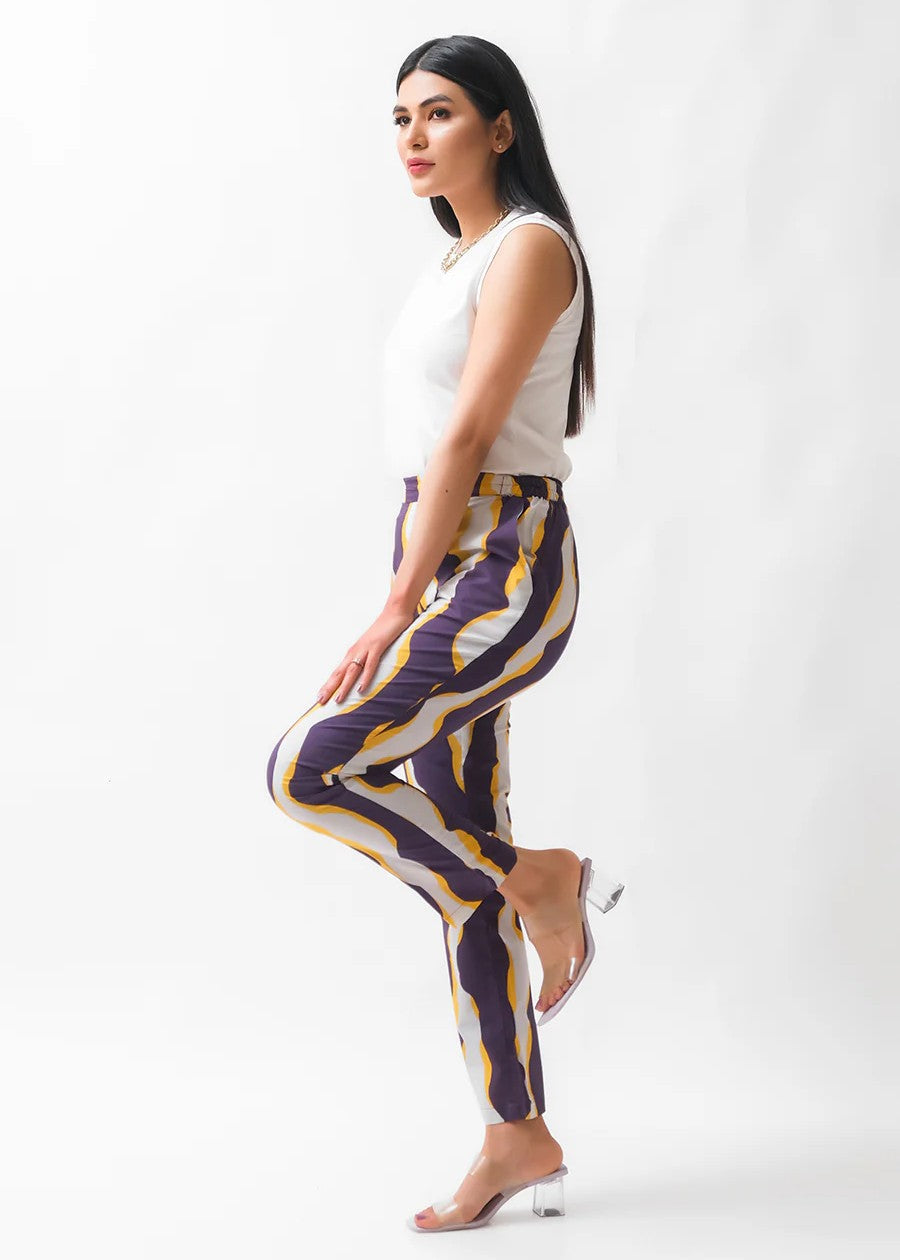 Dhaga Straight Trouser / Pants Purple Yellow Abstract Women 1pcs