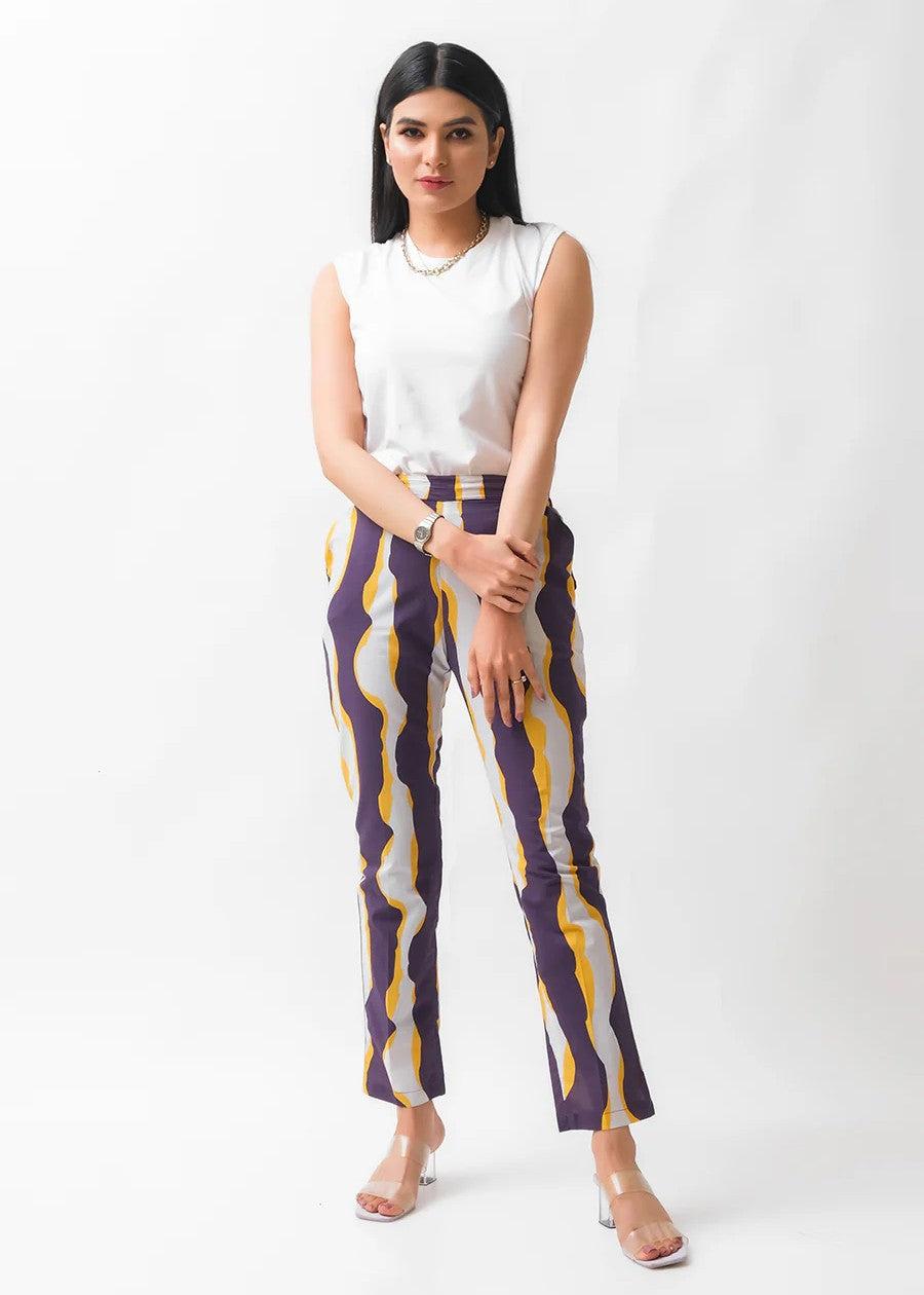 Dhaga Straight Trouser / Pants Purple Yellow Abstract Women 1pcs