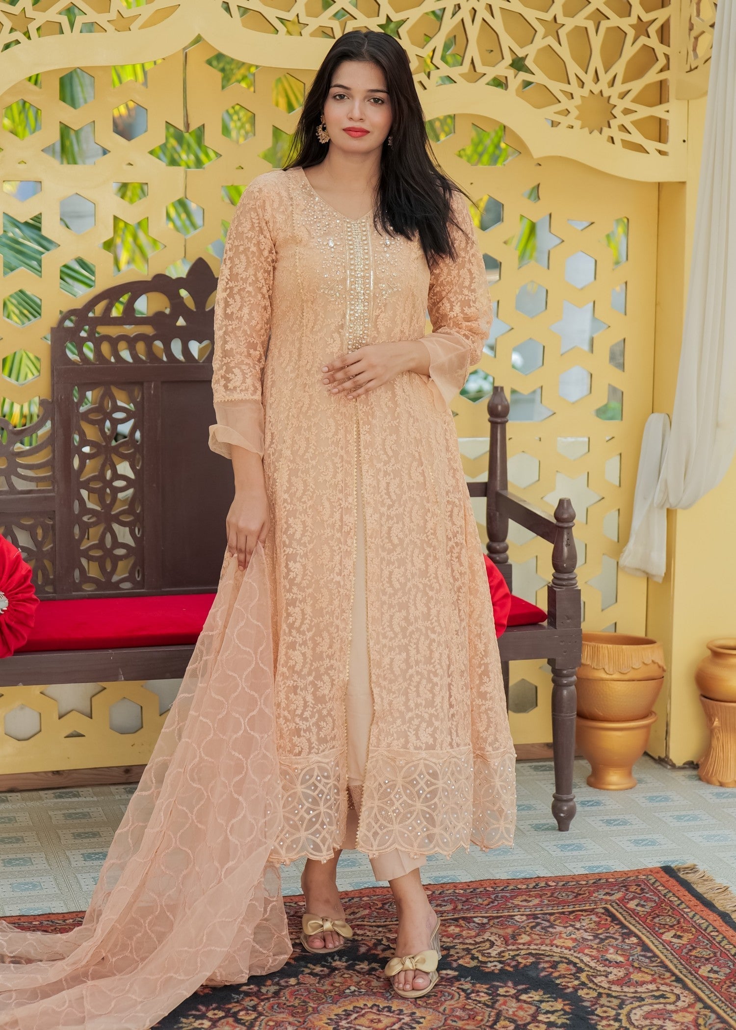 Mona Embroidery Delicate Drapes Peach Women 3pcs