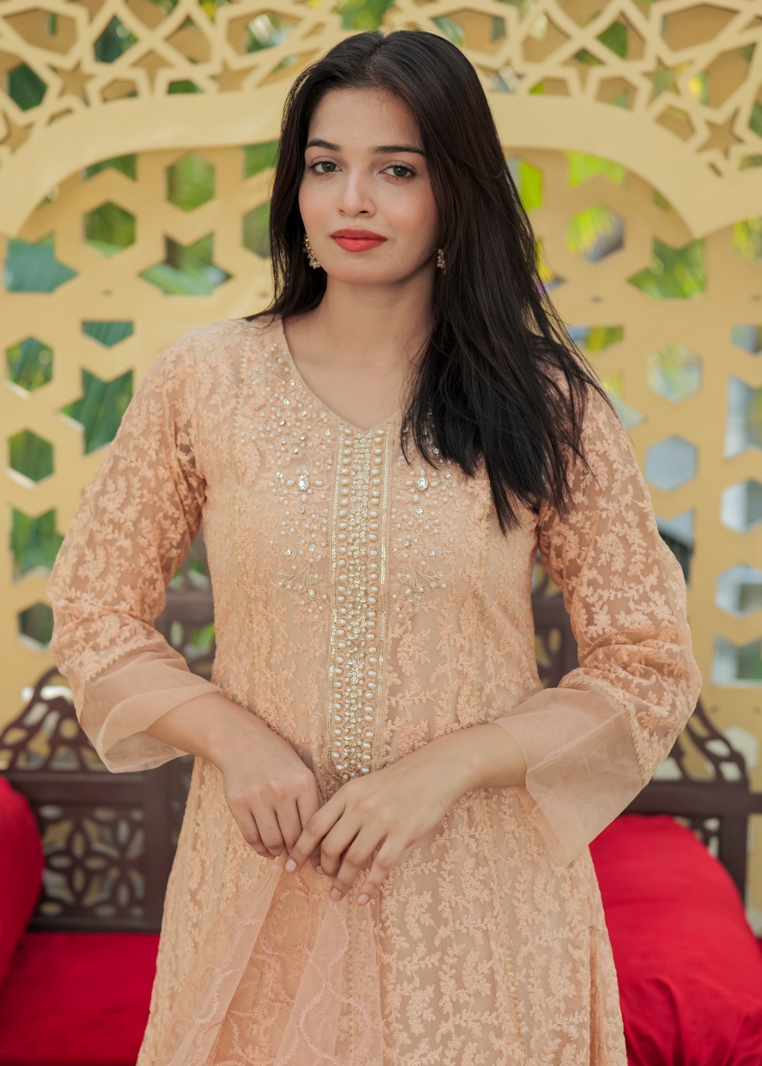 Mona Embroidery Delicate Drapes Peach Women 3pcs