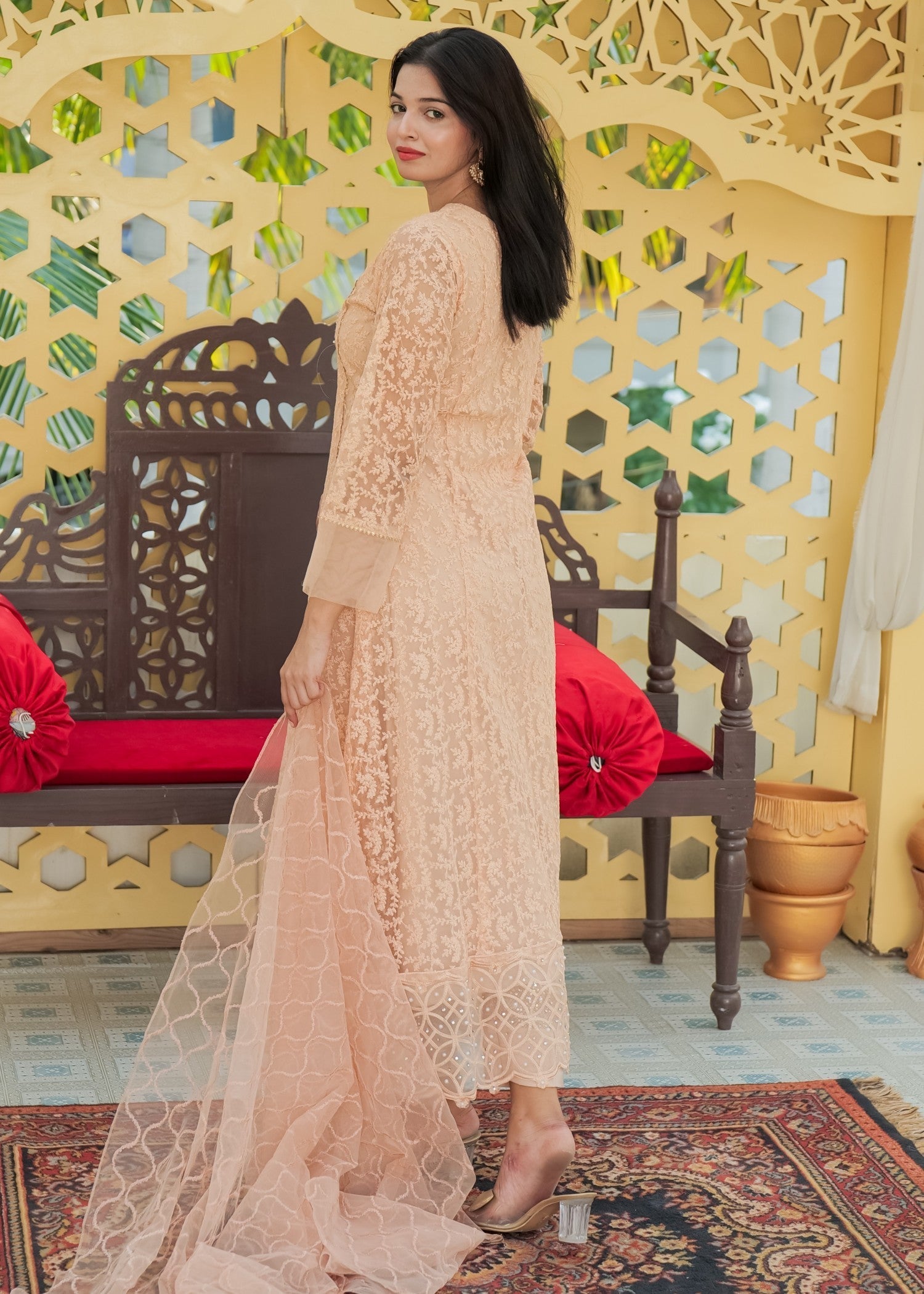 Mona Embroidery Delicate Drapes Peach Women 3pcs