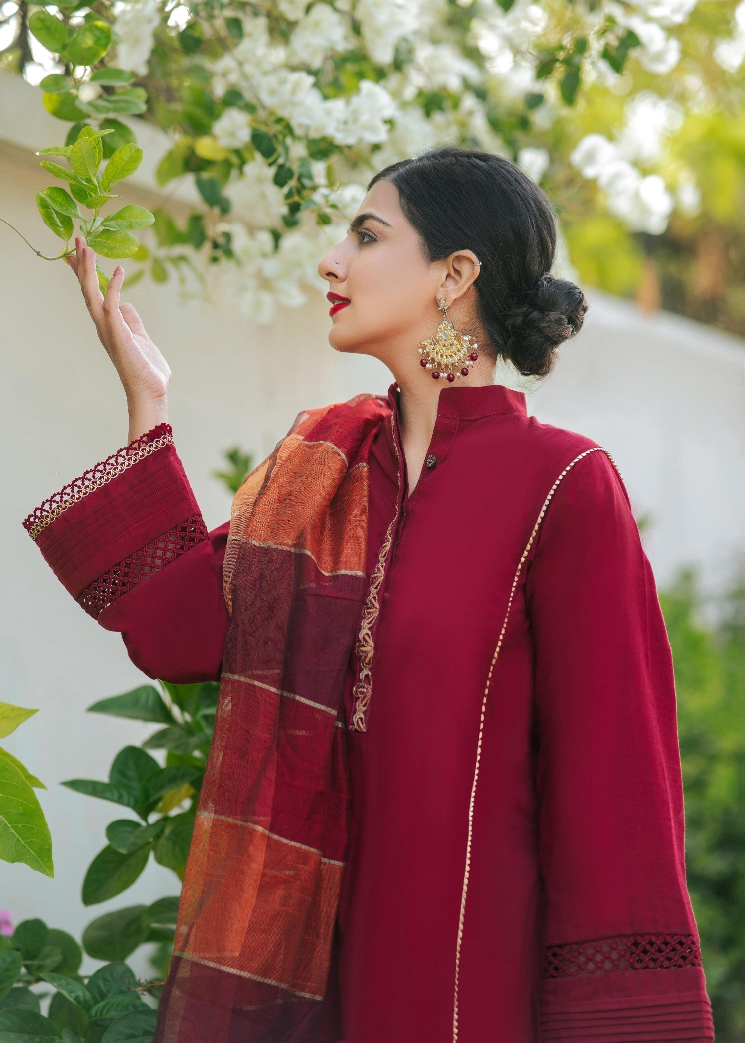 Nuqsh NRA 007 Maroon Kurta, Straight Pants & Maroon and Rust Dupatta Women 3pcs