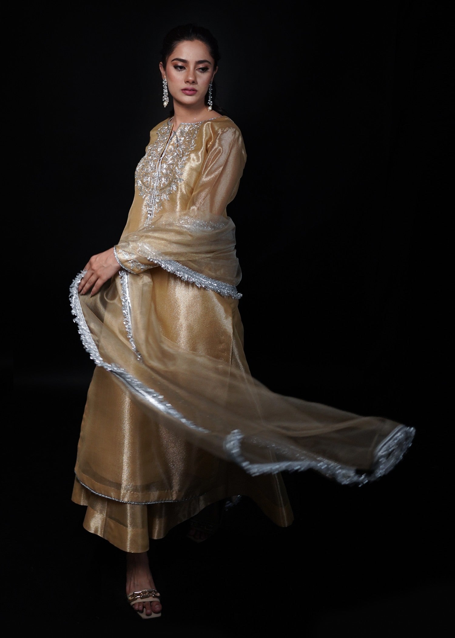 Zar Ayla EMBROIDRED LAMA TISSUE SUIT Golden Women 3pcs