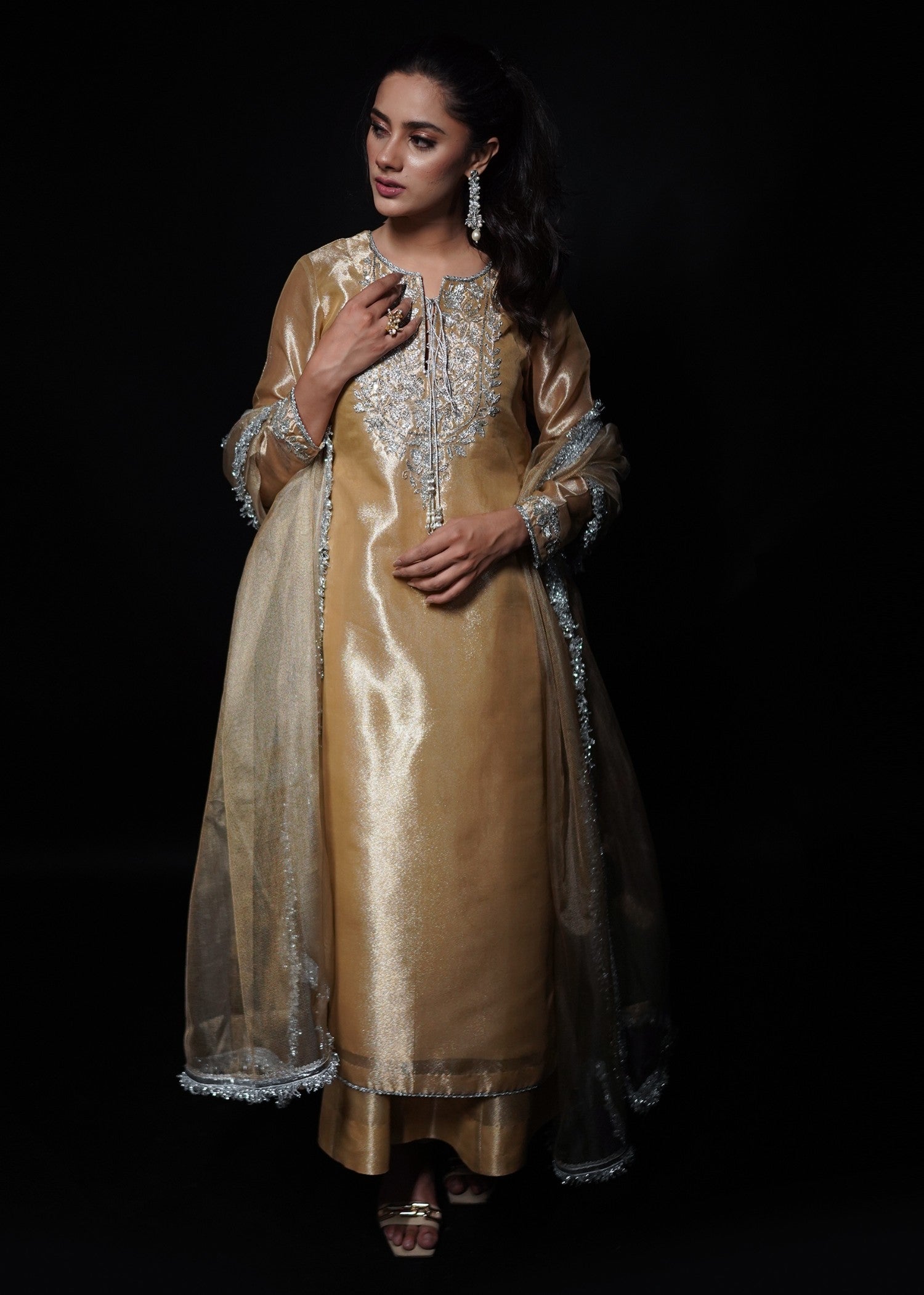 Zar Ayla EMBROIDRED LAMA TISSUE SUIT Golden Women 3pcs