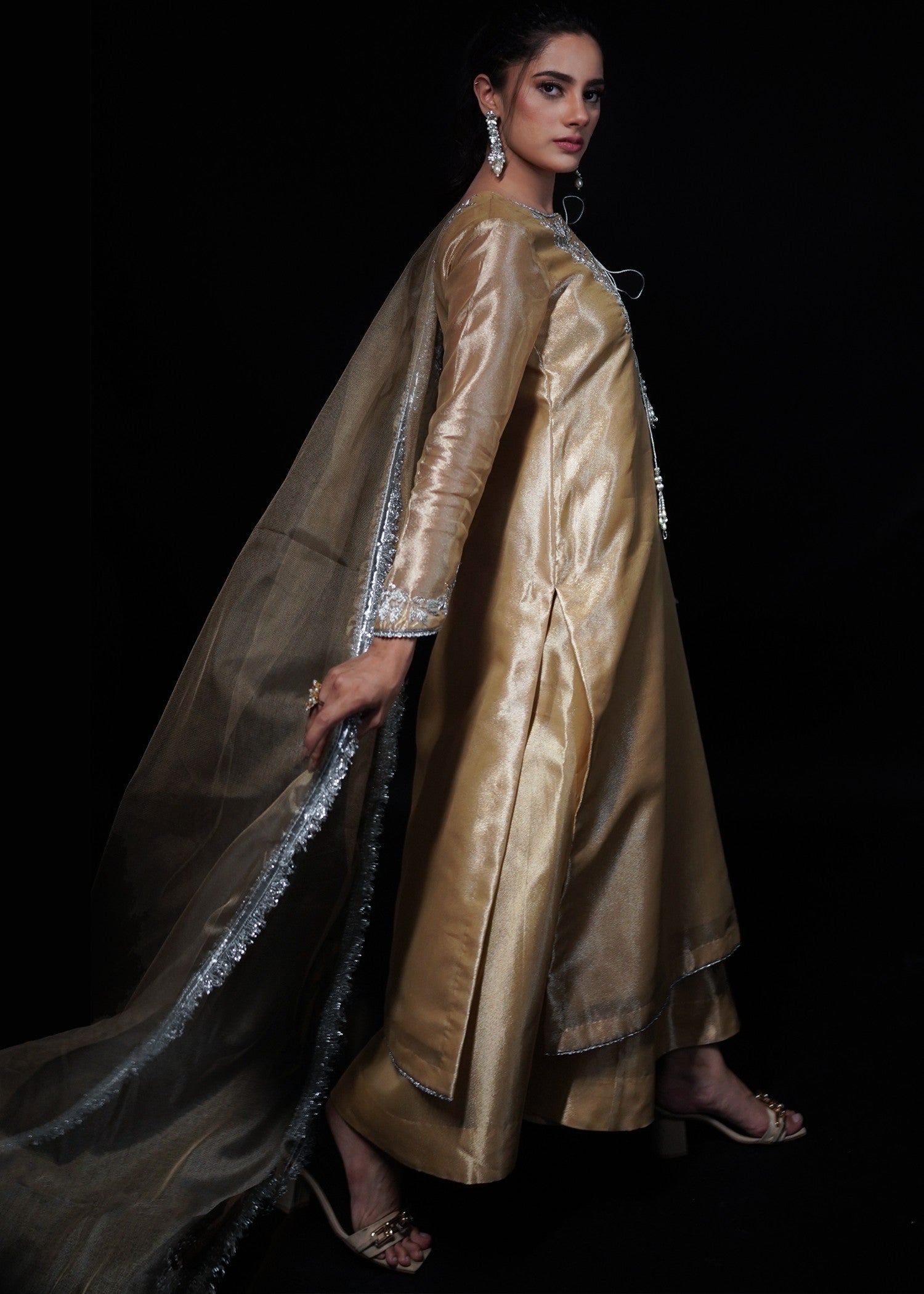 Zar Ayla EMBROIDRED LAMA TISSUE SUIT Golden Women 3pcs