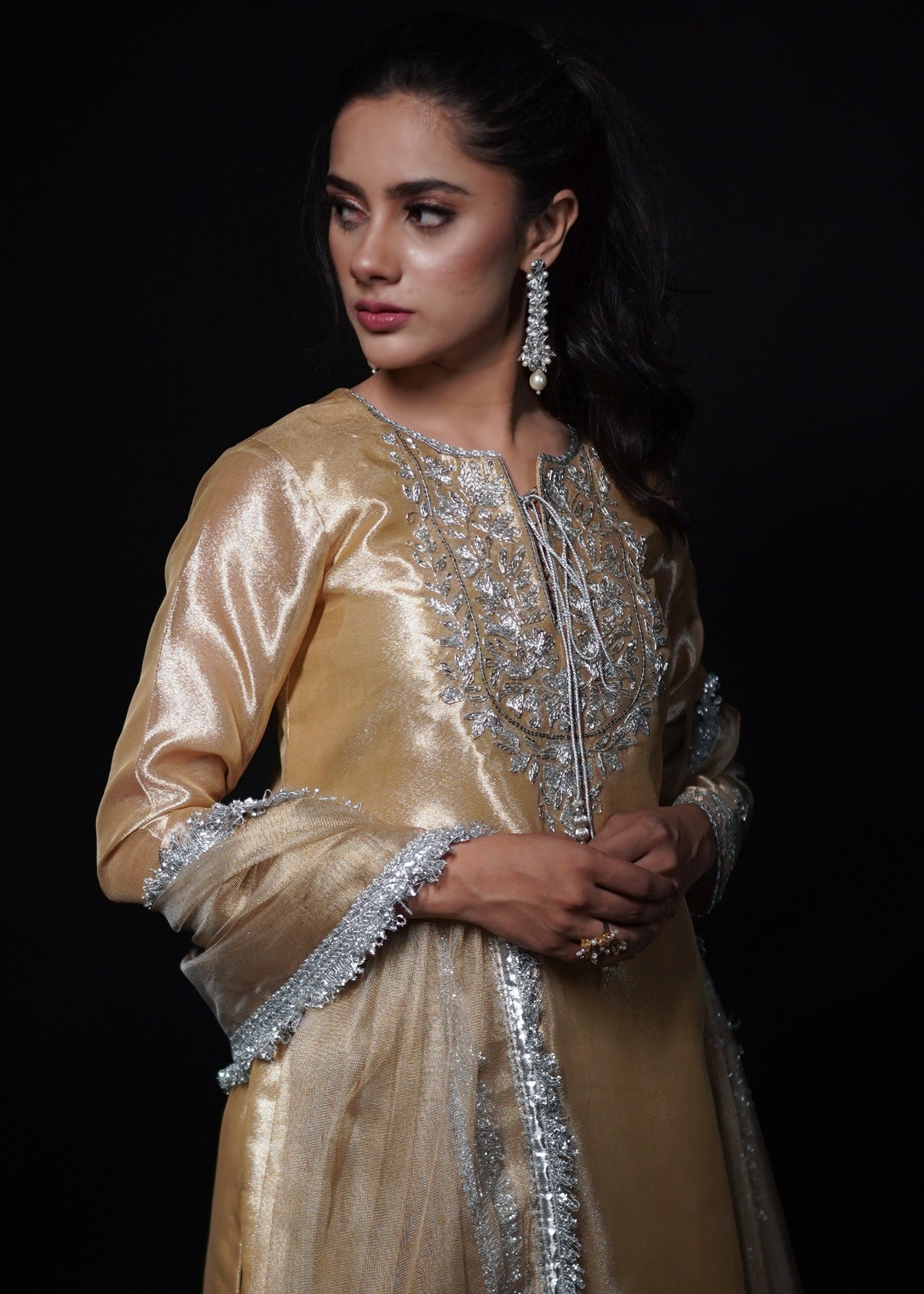 Zar Ayla EMBROIDRED LAMA TISSUE SUIT Golden Women 3pcs