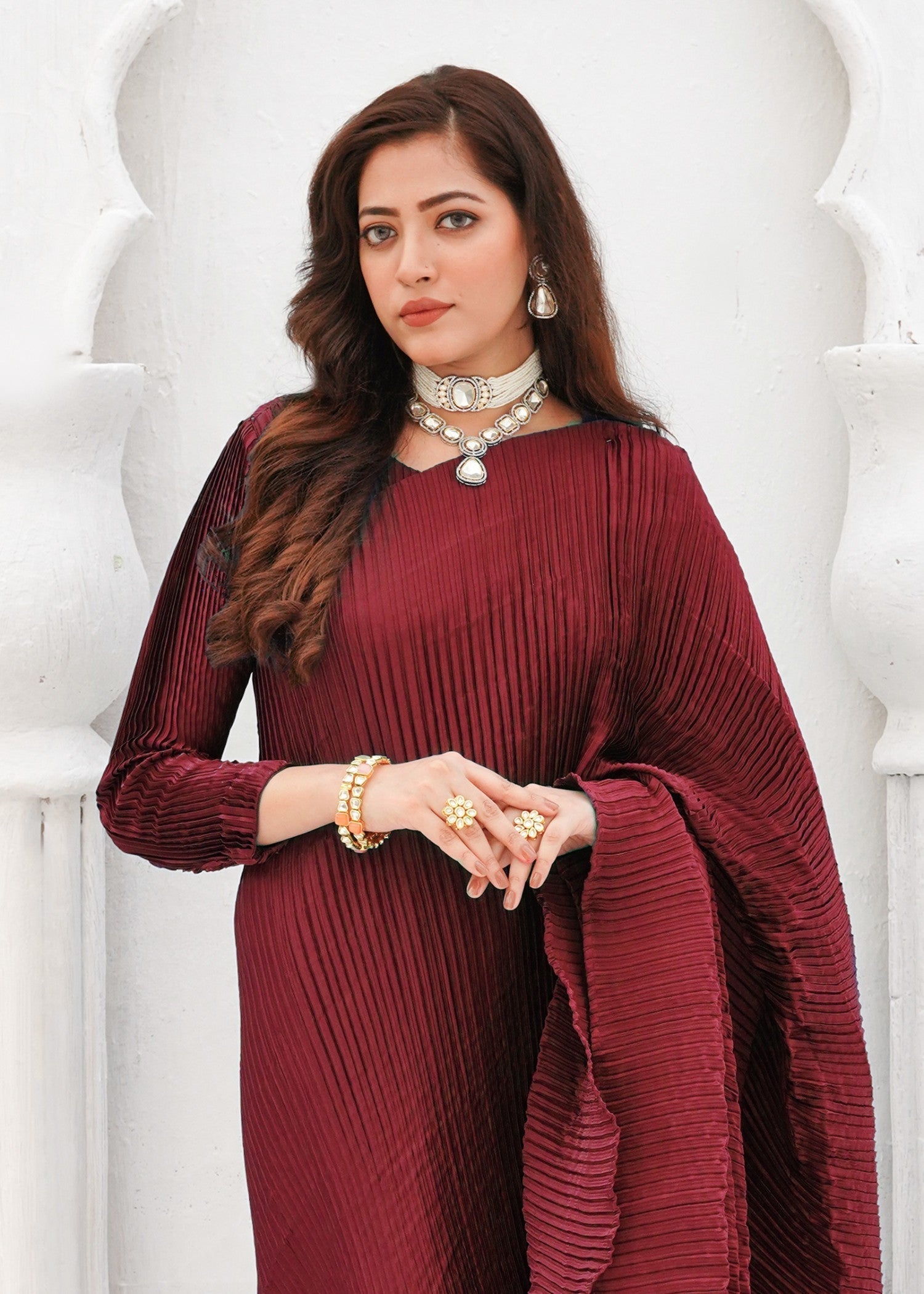 Zar Maroon Pleated Gown Saree Women 1pcs