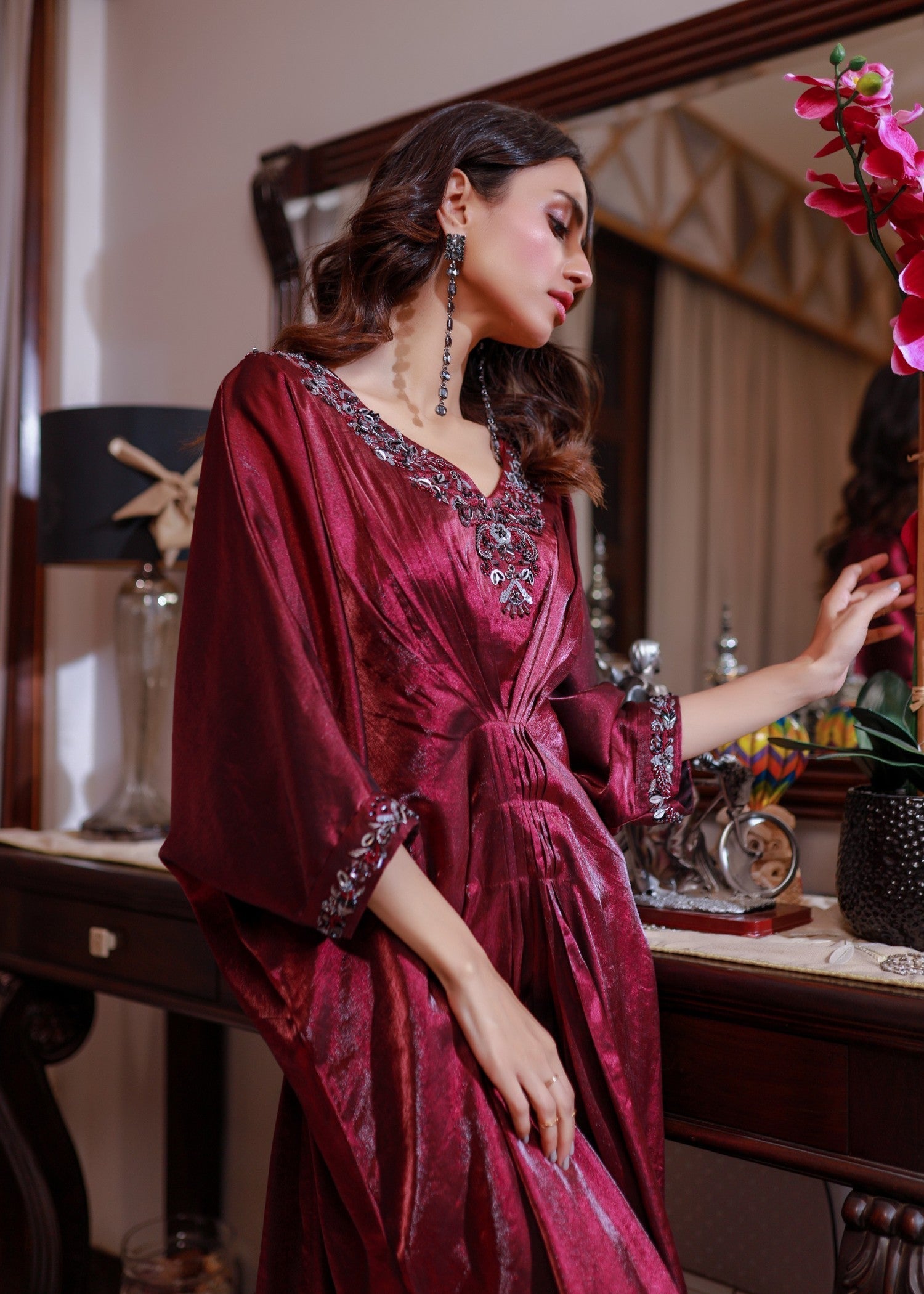 VELOUR Plum Hand Embroidered Kaftan Women 1pcs