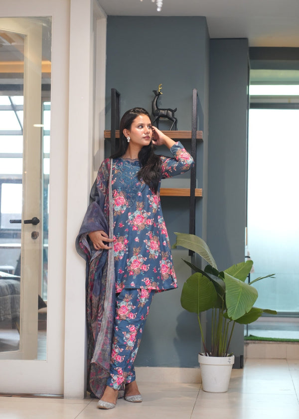 OR COUTURE BY RAMSHA OBAID Navy Bouquet – Embroidered Slub Khaddar PRET Women 3pcs