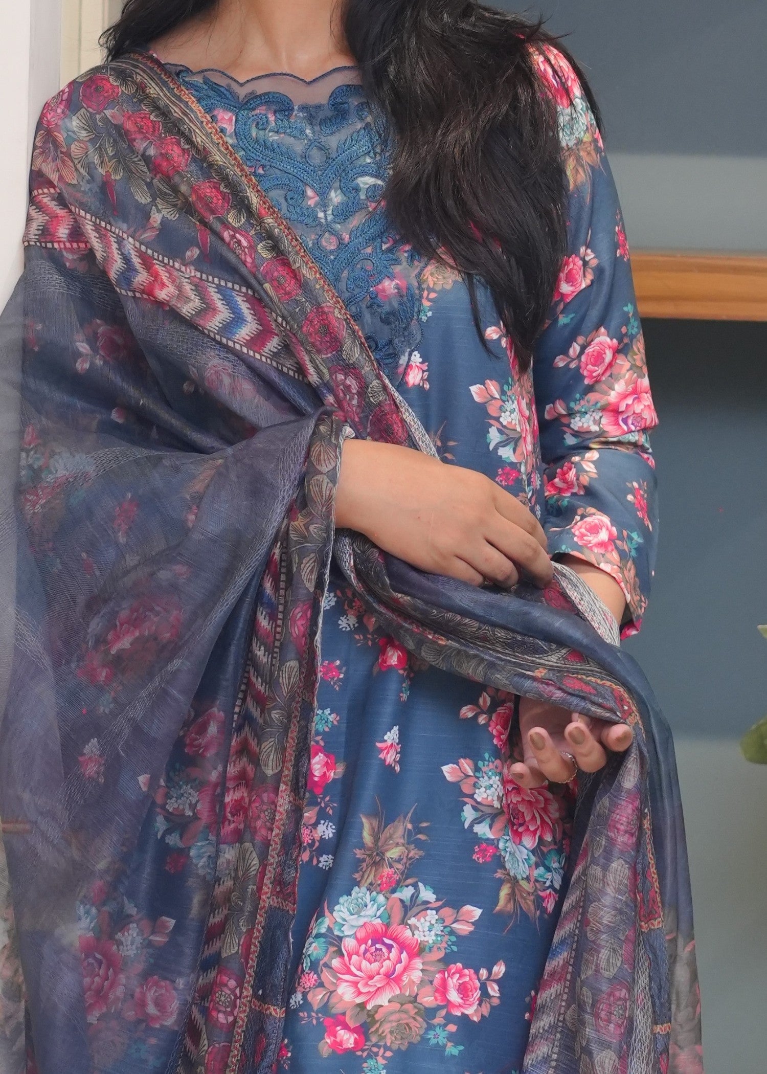 OR COUTURE BY RAMSHA OBAID Navy Bouquet – Embroidered Slub Khaddar PRET Women 3pcs