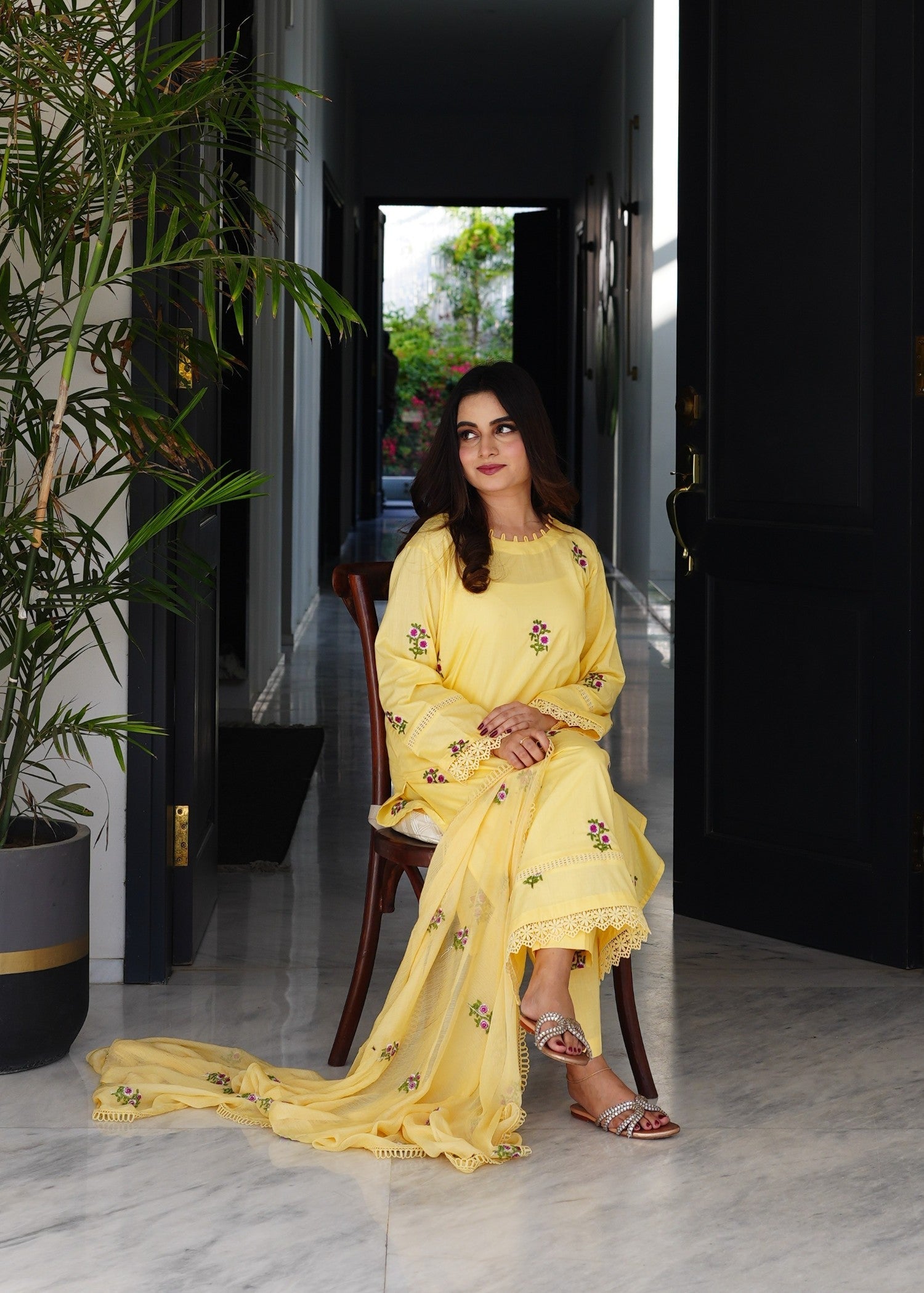 Present Clothing Embroidered Yellow Women 3pcs