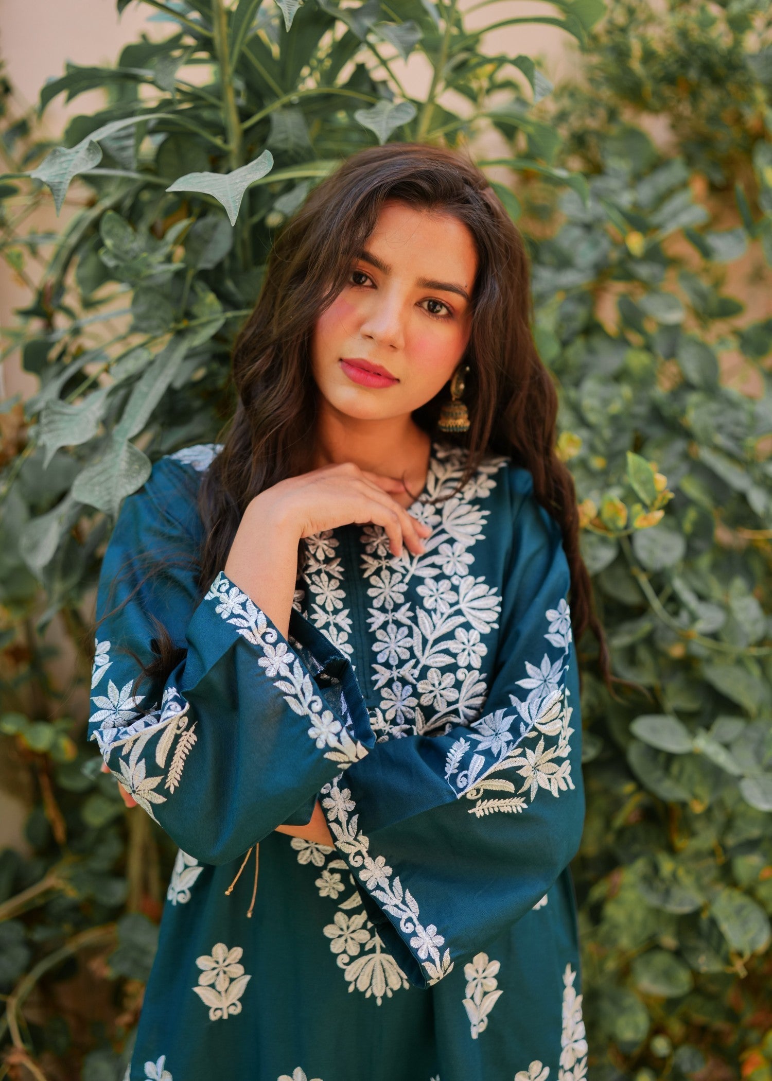 Present Clothing Embroidered Dress Teal Women 2pcs