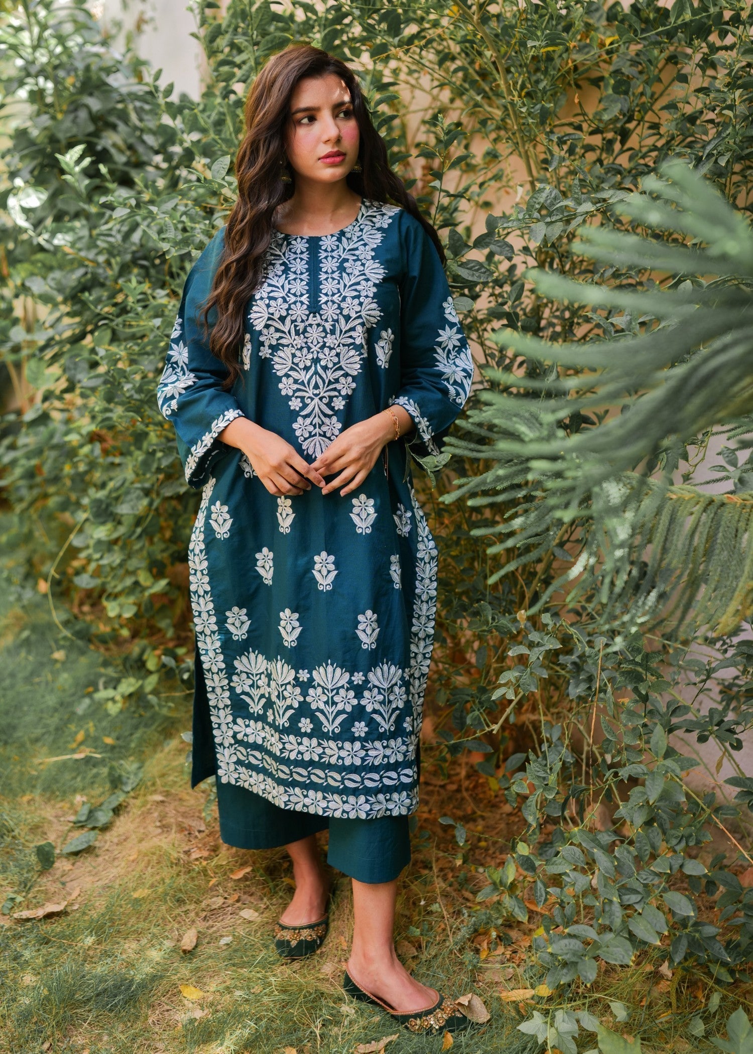 Present Clothing Embroidered Dress Teal Women 2pcs