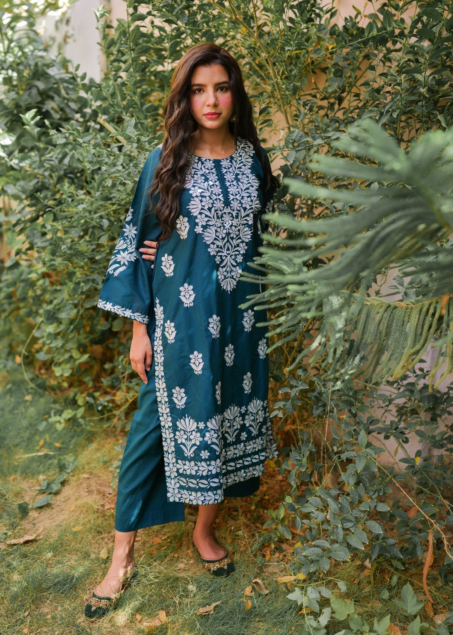 Present Clothing Embroidered Dress Teal Women 2pcs