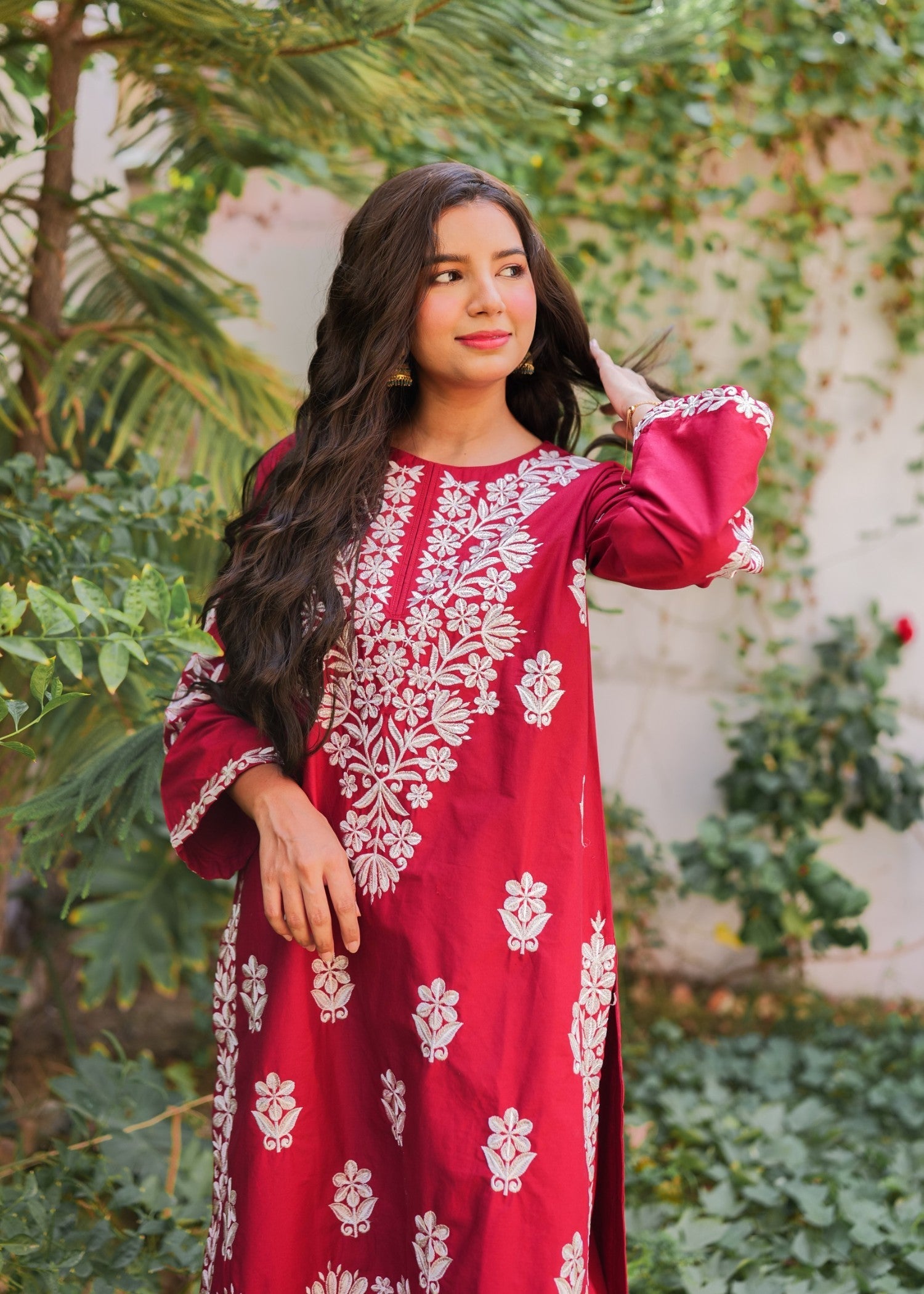 Present Clothing Embroidered Dress Maroon Women 2pcs