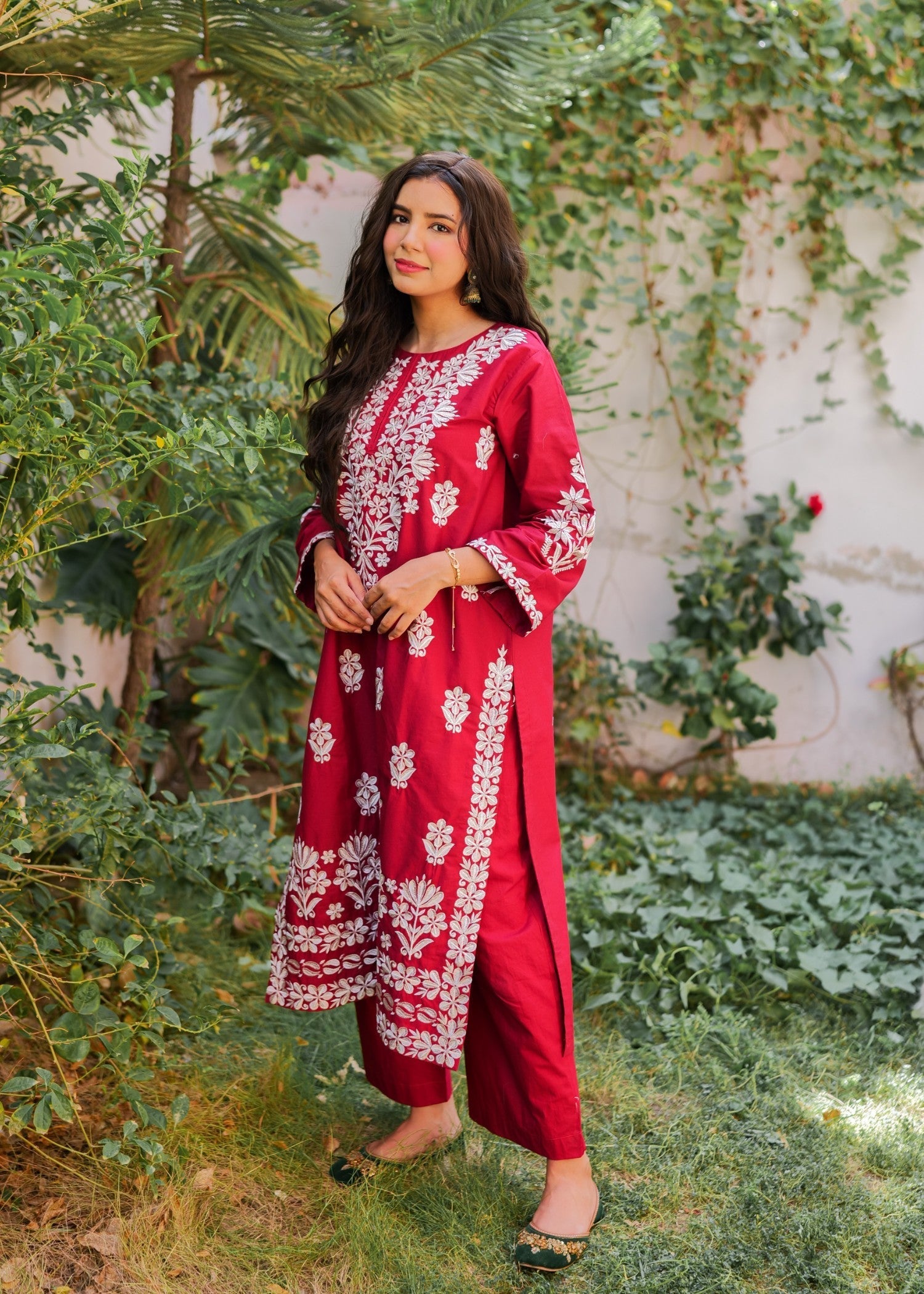 Present Clothing Embroidered Dress Maroon Women 2pcs