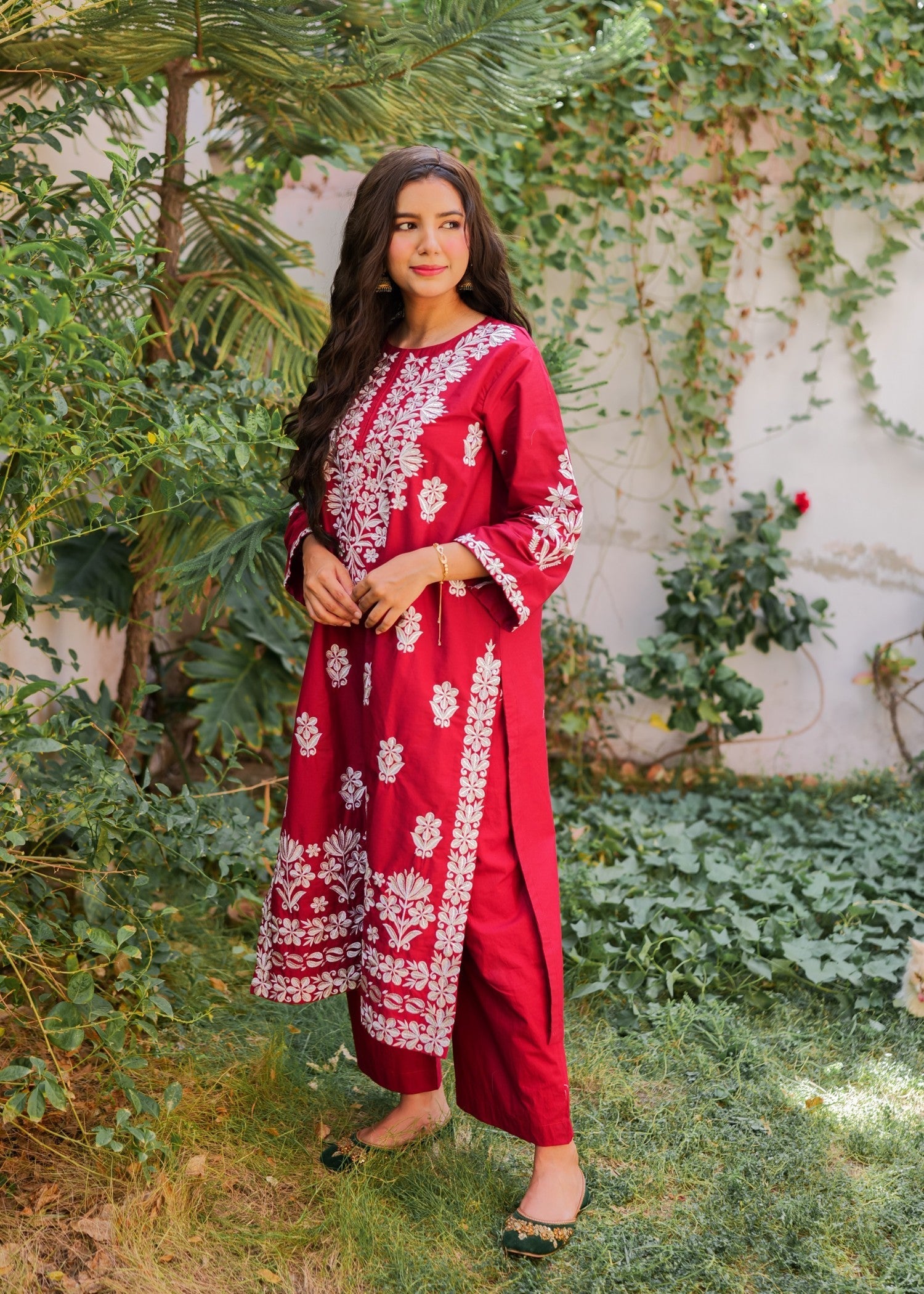 Present Clothing Embroidered Dress Maroon Women 2pcs