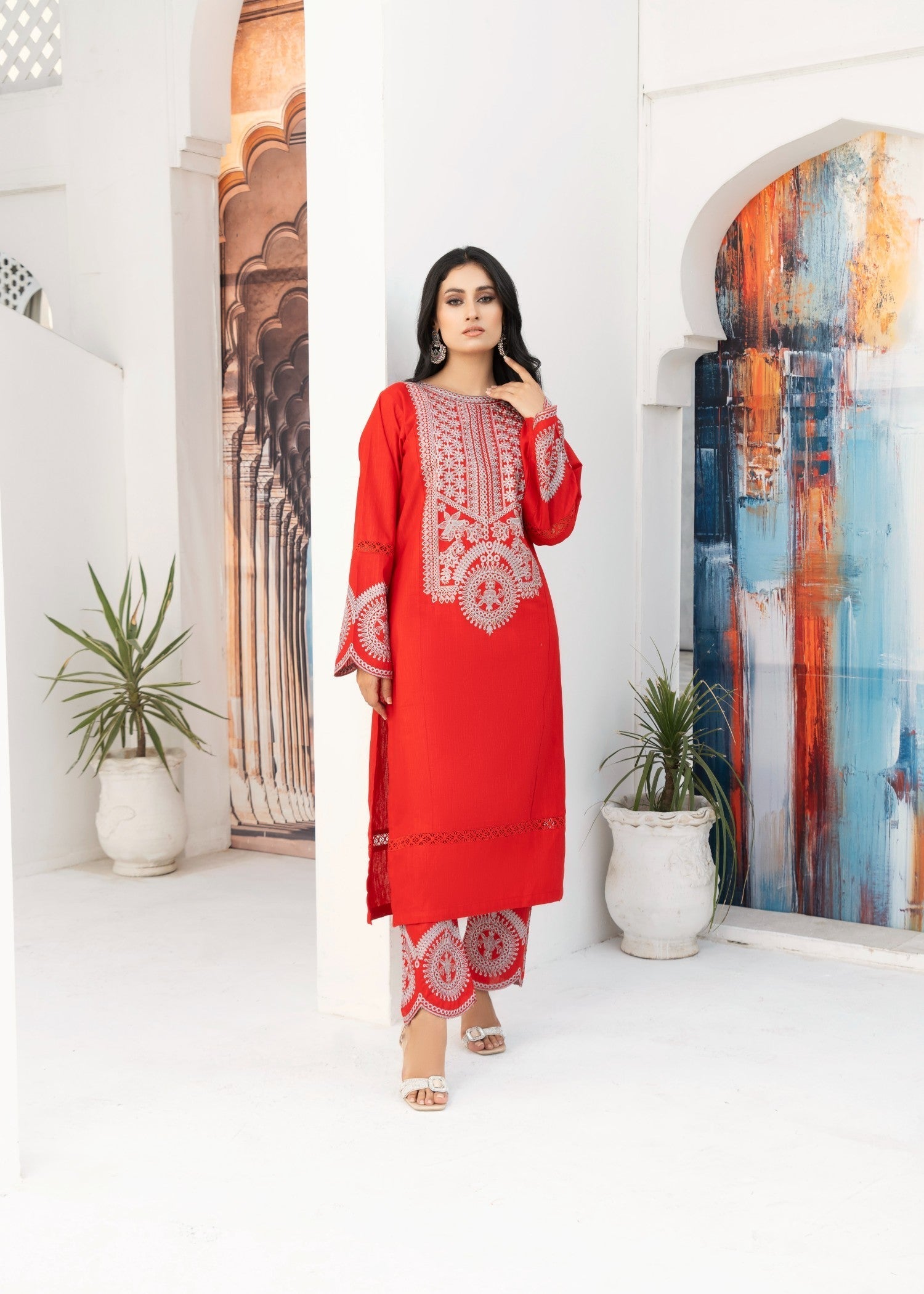 Kalamkari Khaddar Embroidered Kurta Set Women 2pcs
