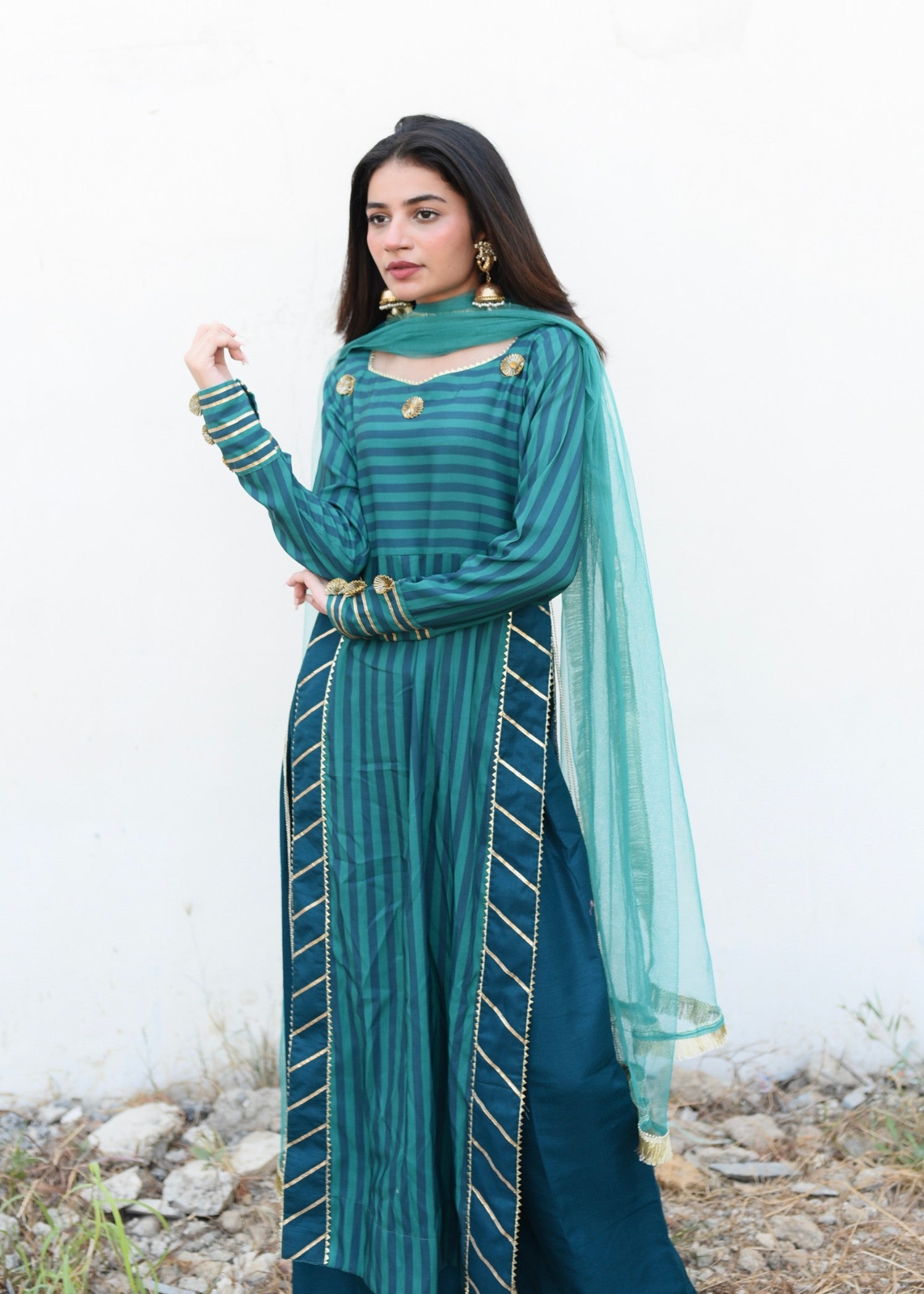 Ripret Green Stripe Gota Suit Women 3pcs
