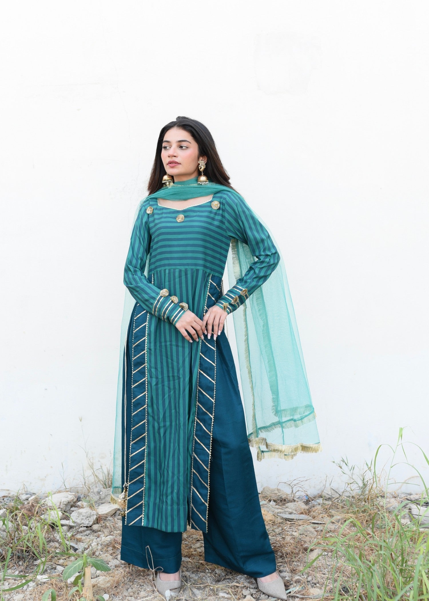 Ripret Green Stripe Gota Suit Women 3pcs