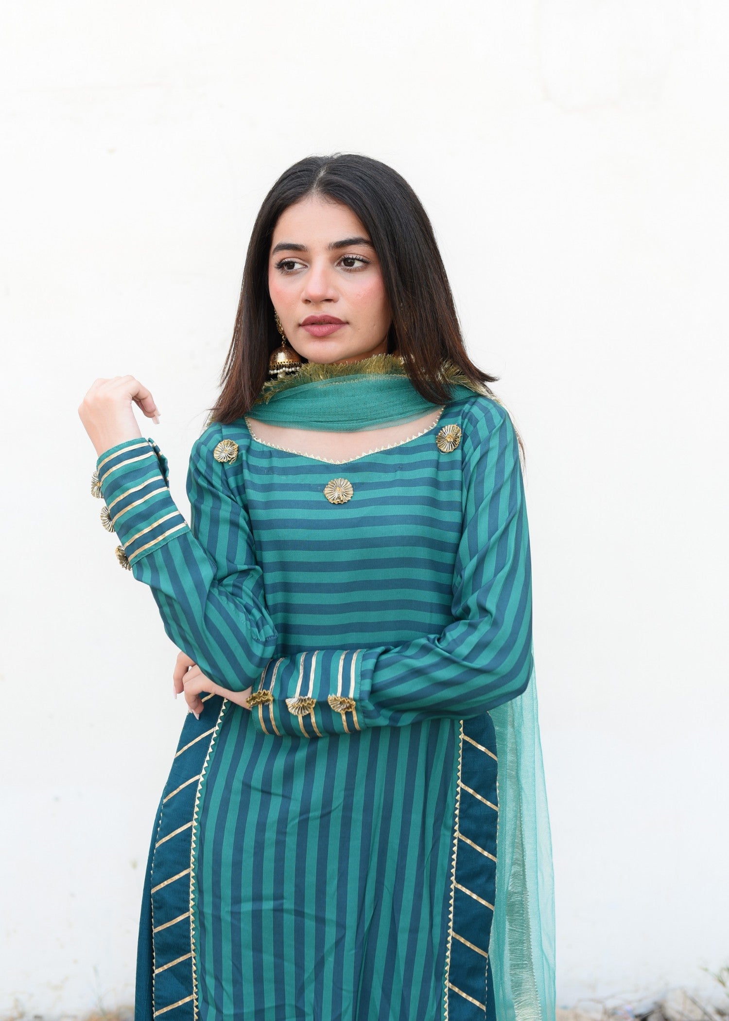 Ripret Green Stripe Gota Suit Women 3pcs
