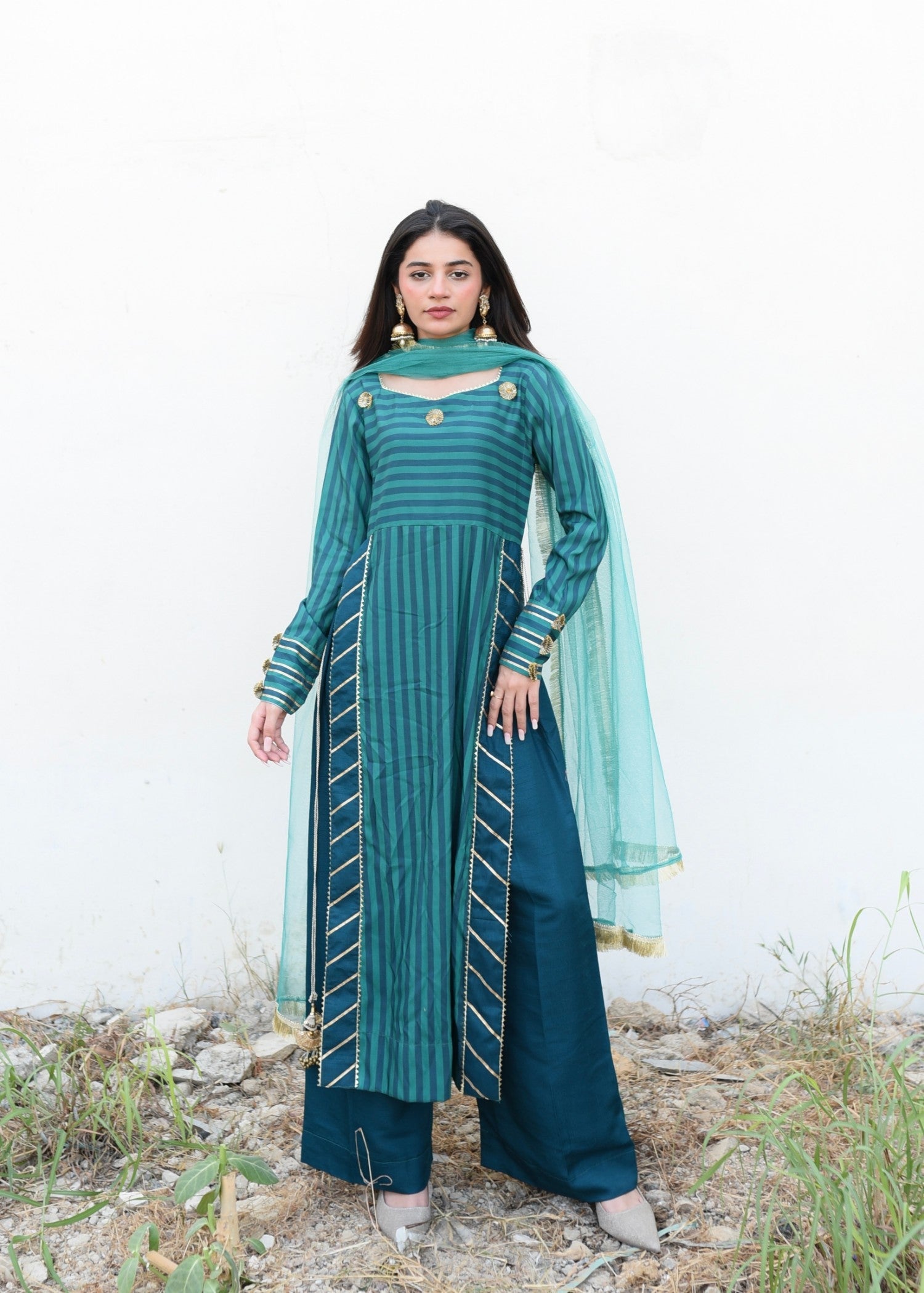 Ripret Green Stripe Gota Suit Women 3pcs
