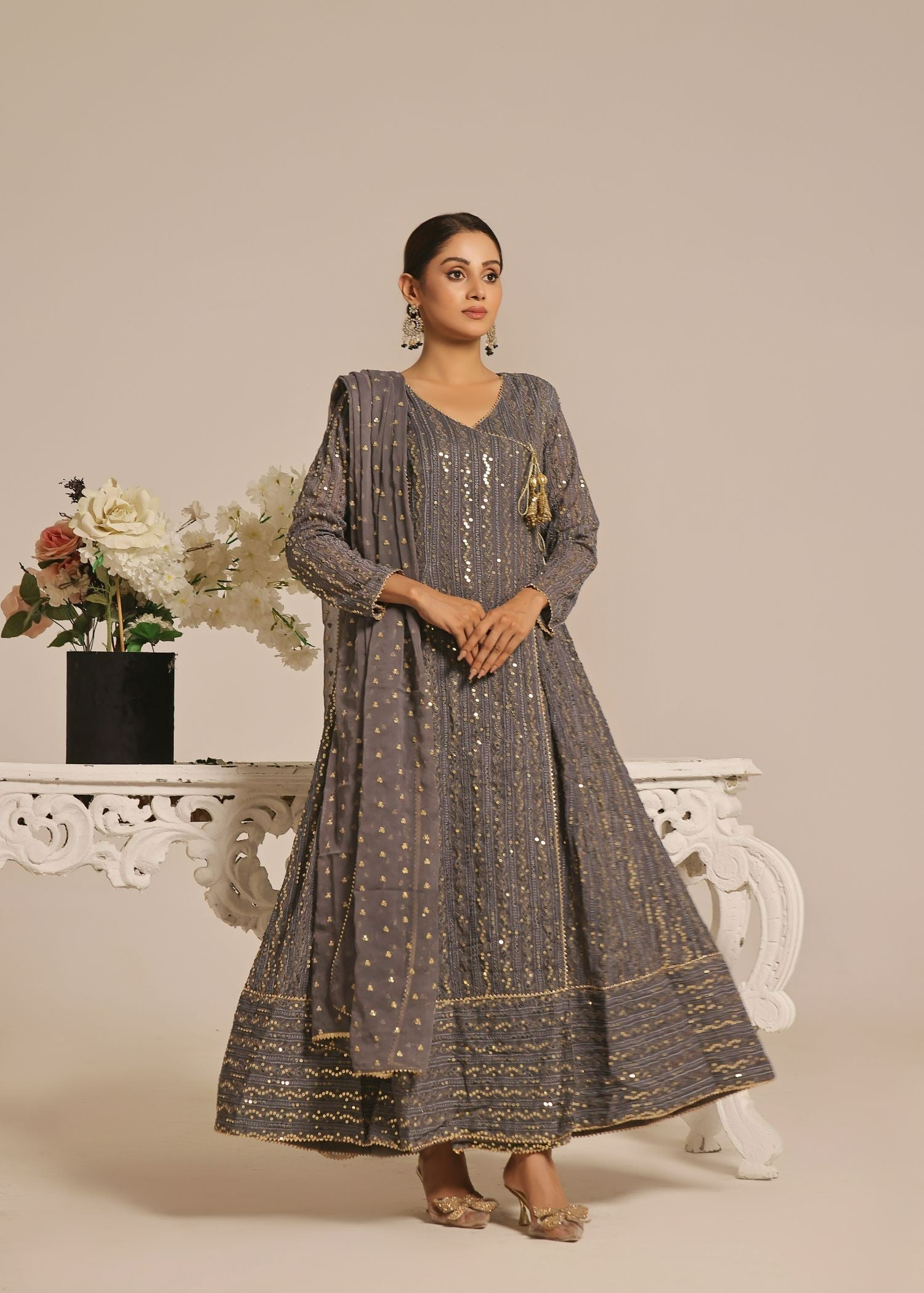 Ayesha Closet Resham Muted Grey. Women 3pcs