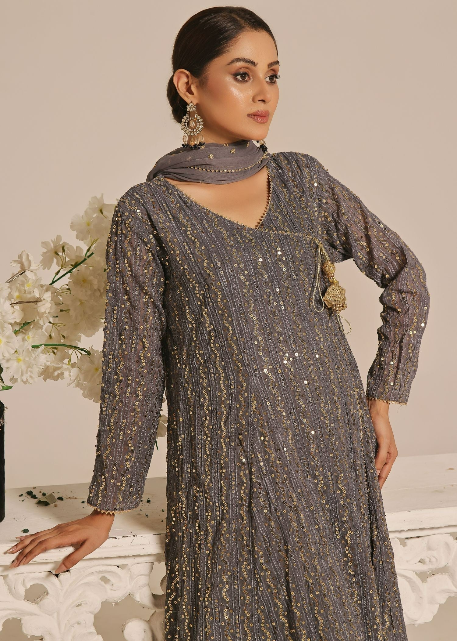 Ayesha Closet Resham Muted Grey. Women 3pcs