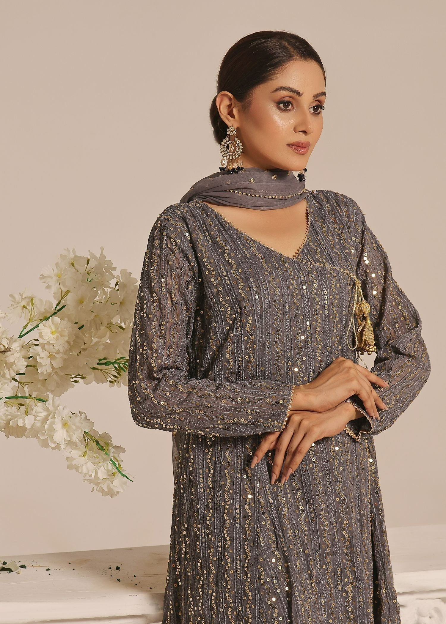 Ayesha Closet Resham Muted Grey. Women 3pcs