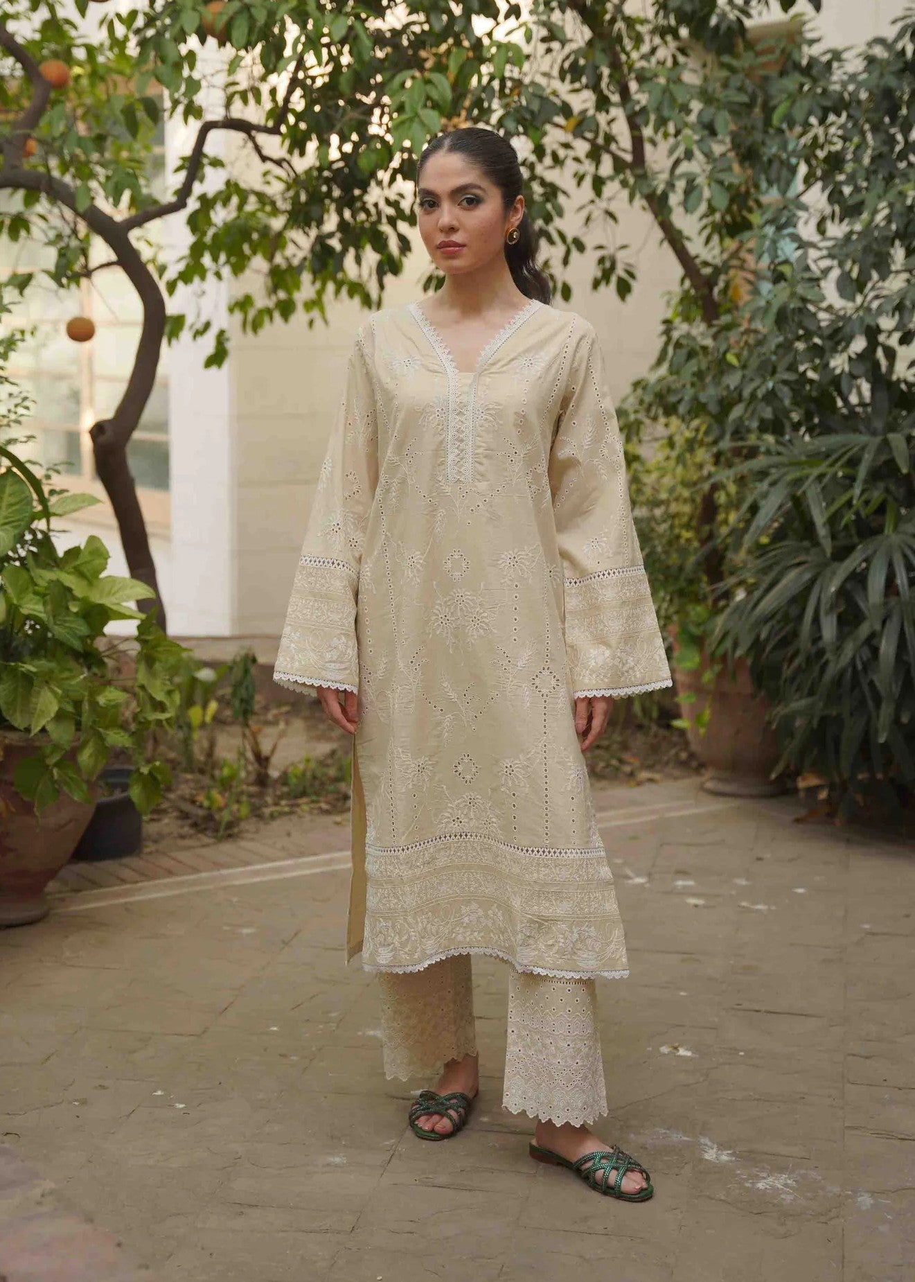 Naarj Moon Flower Cream Schiffli CO ORD Set Women 2pcs