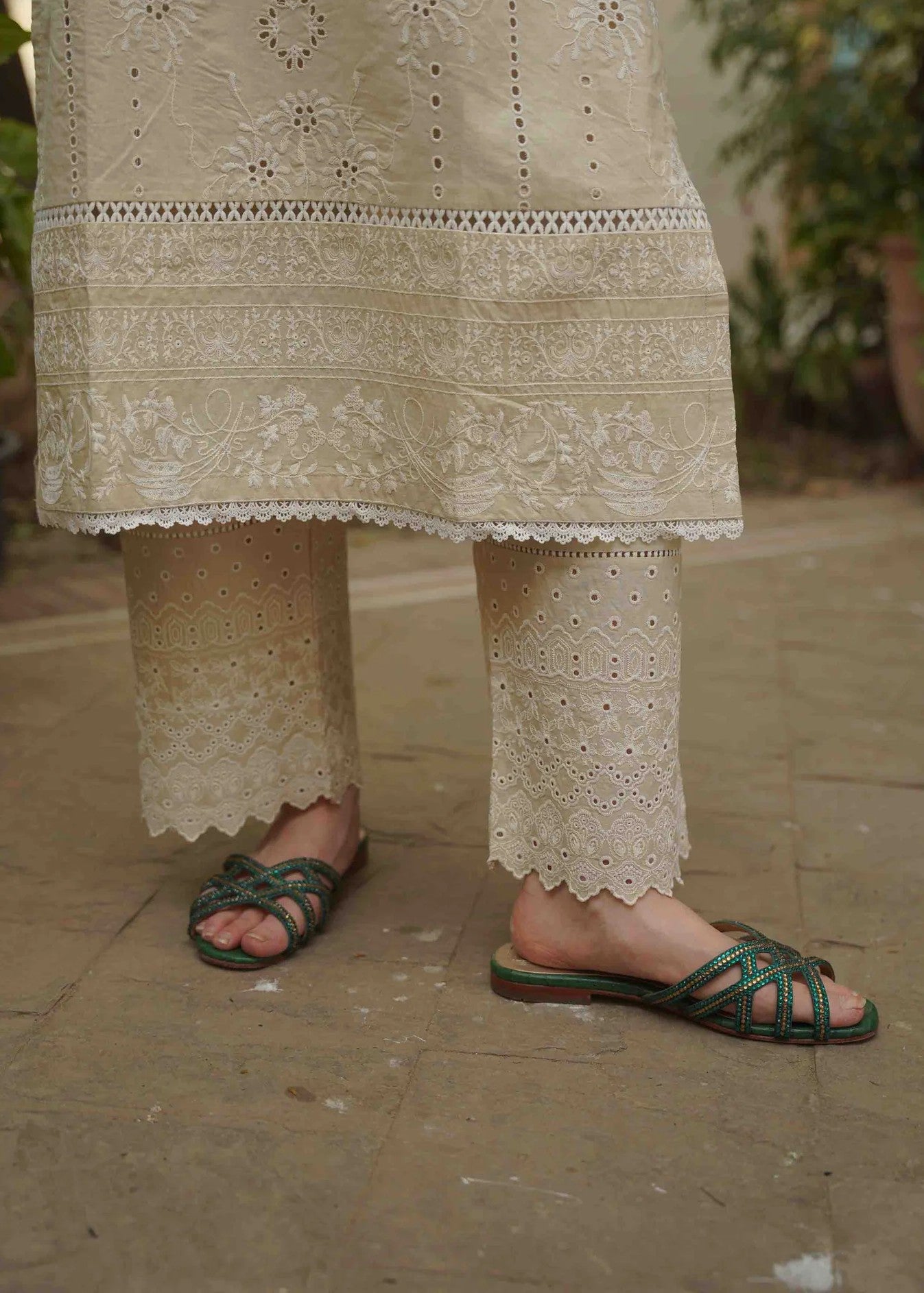 Naarj Moon Flower Cream Schiffli CO ORD Set Women 2pcs