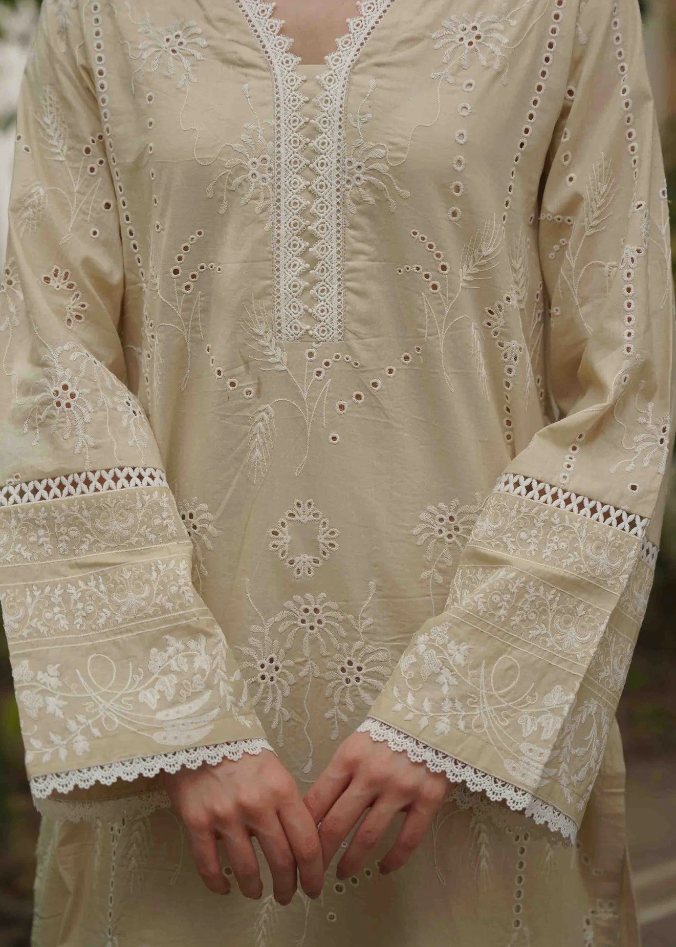 Naarj Moon Flower Cream Schiffli CO ORD Set Women 2pcs