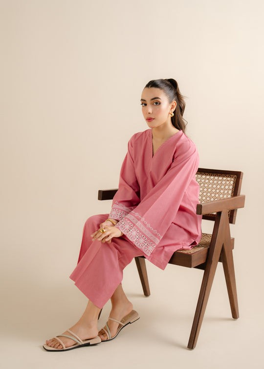 The Turkish Wear Pink Chicken Kari Embroireded Suit Women 2pcs