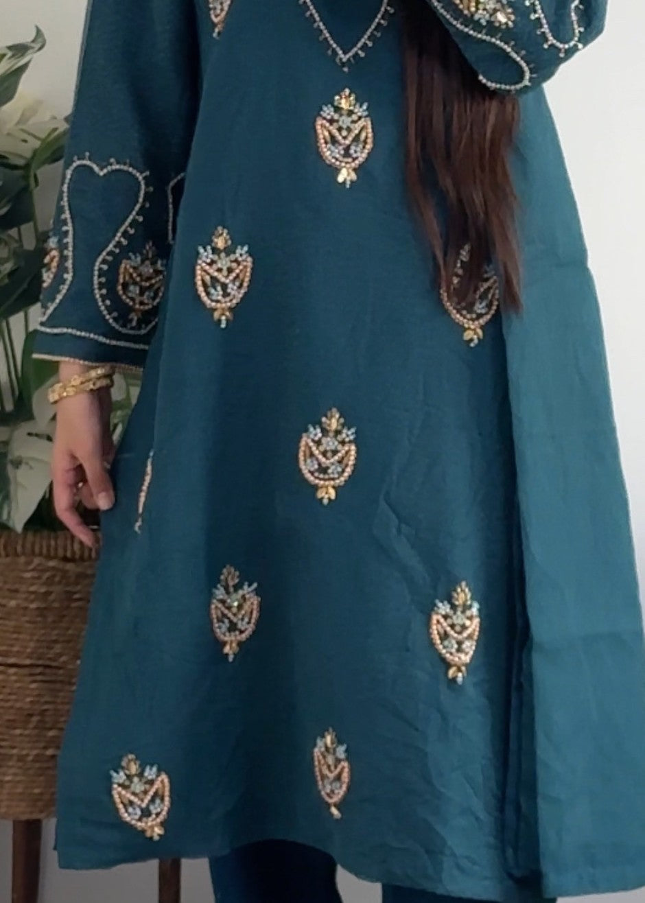 Yaaqot Official Teal Flover Neckline Stitched Women 3pcs