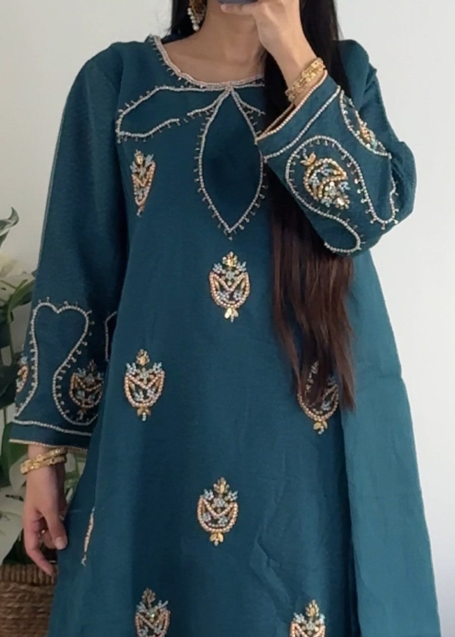 Yaaqot Official Teal Flover Neckline Stitched Women 3pcs