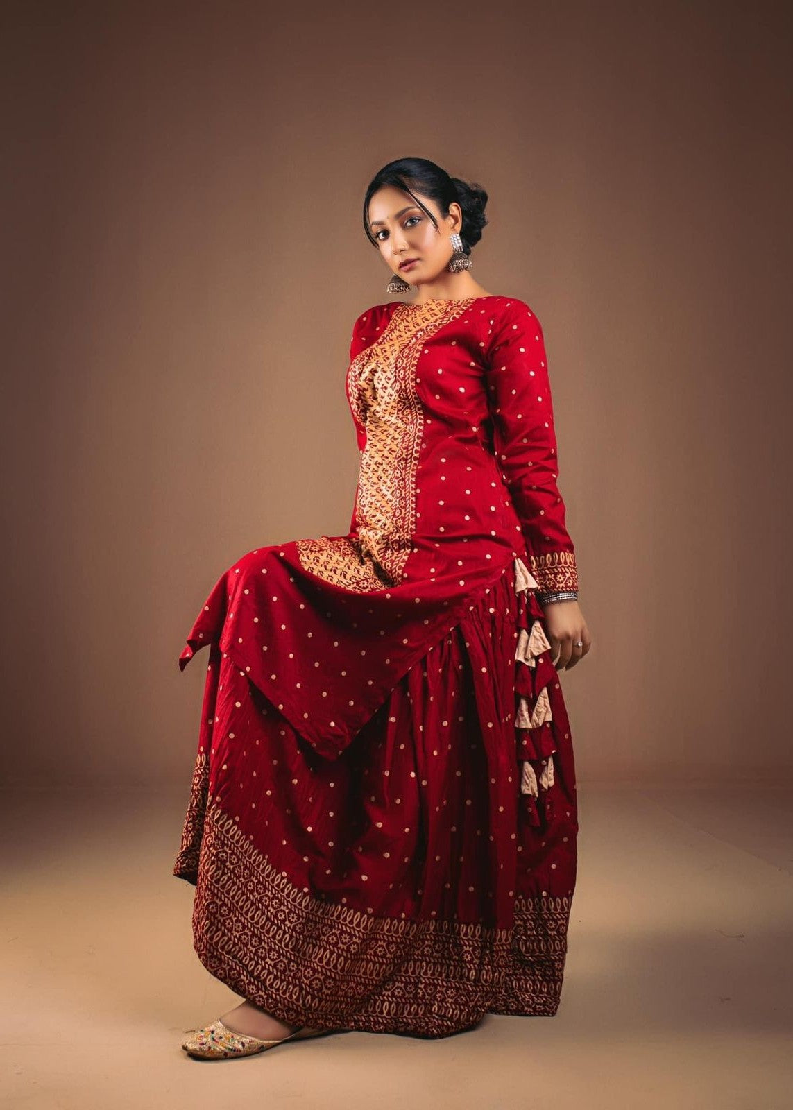 Zeekstore Maroon Polka Printed Kurta with Maroon Skirt Women 2pcs