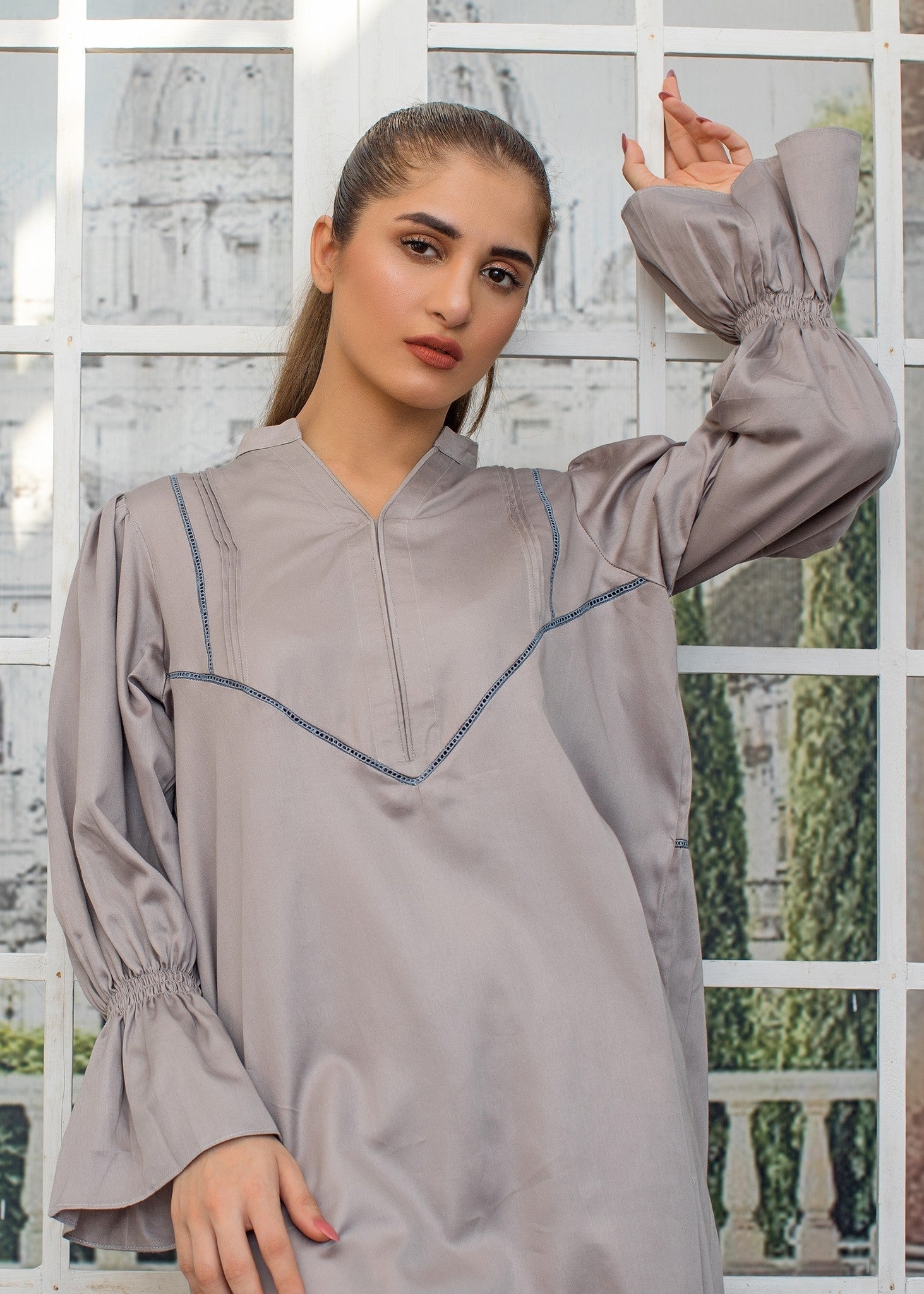 Urban Cut | Graceful Grey Long Dress with Elegant Lace & Pleat Detailing Women 1pcs