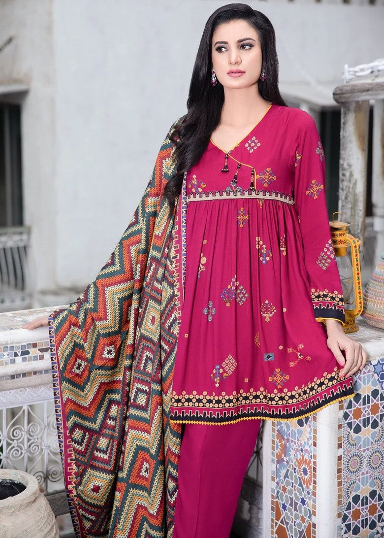 Mehryam Collection Shocking Pink Embroidered Cottel Suit Women 3pcs