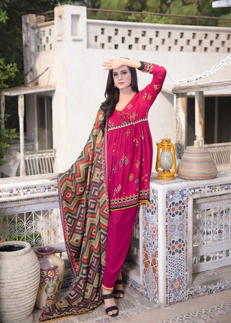 Mehryam Collection Shocking Pink Embroidered Cottel Suit Women 3pcs