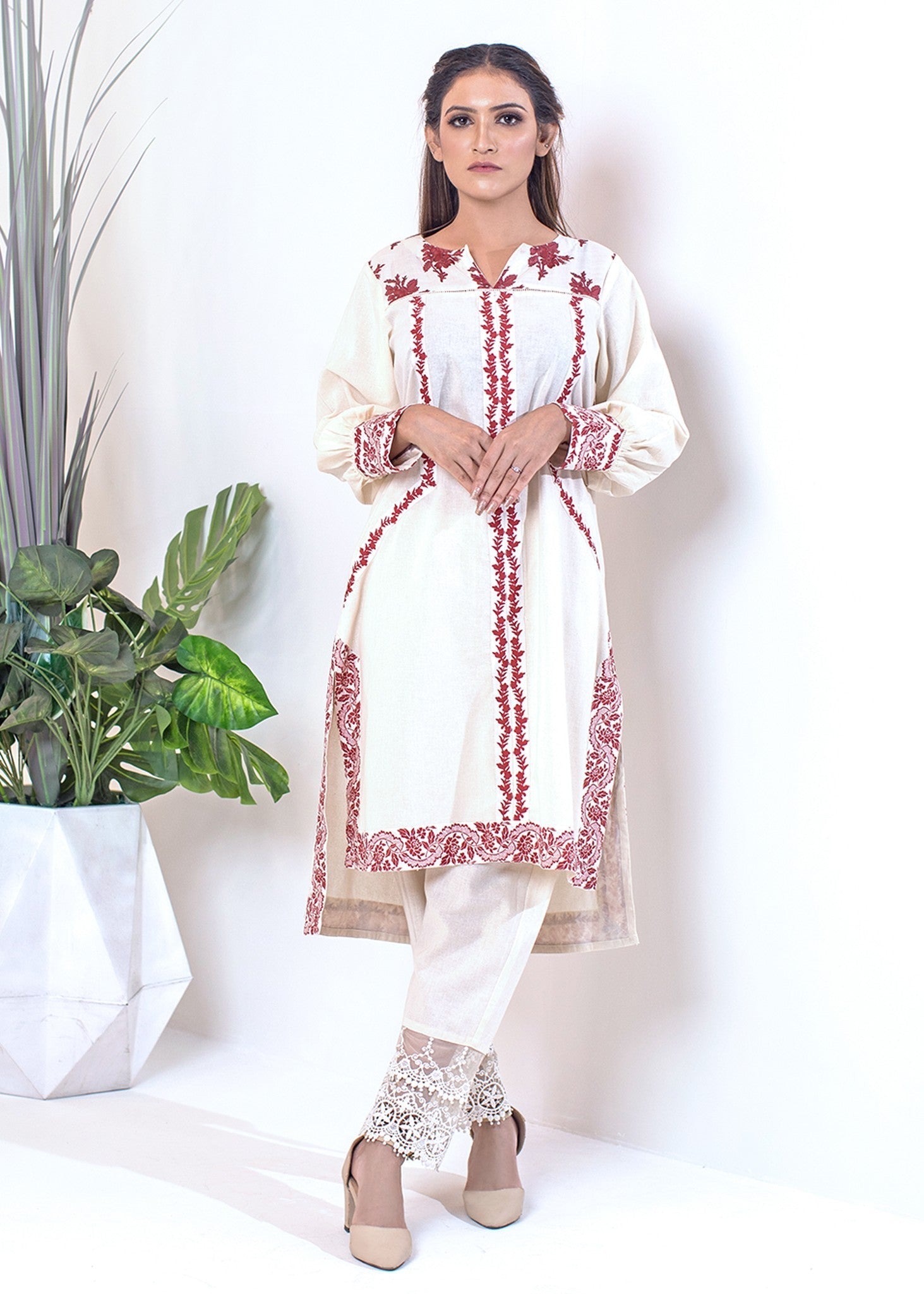 Urban Cut | Vibrant Pink Floral Dress with Patchwork & Flared Sleeves Women 1pcs